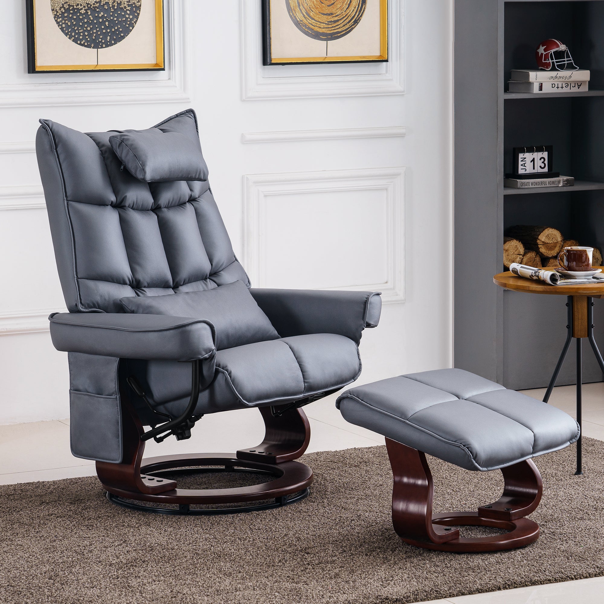 MCombo Relaxfauteuil met Hocker 9076, Draaiende fauteuil met ligfunctie, Moderne TV-fauteuil voor de woonkamer, met kussen en zijzak, Microvezel/Stof, 140 x 92 x 111 cm
