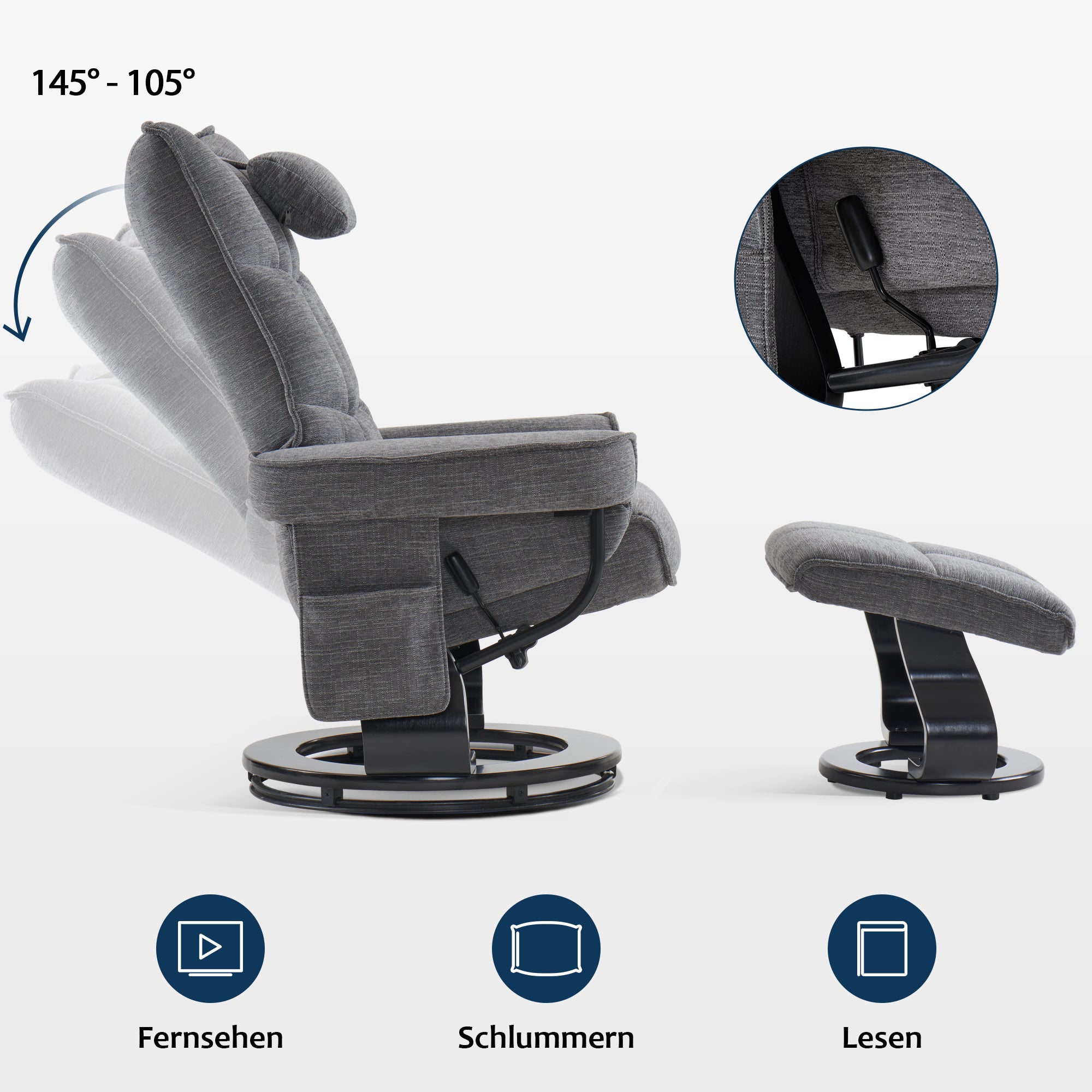 MCombo Relaxfauteuil met Hocker 9076, Draaiende fauteuil met ligfunctie, Moderne TV-fauteuil voor de woonkamer, met kussen en zijzak, Microvezel/Stof, 140 x 92 x 111 cm