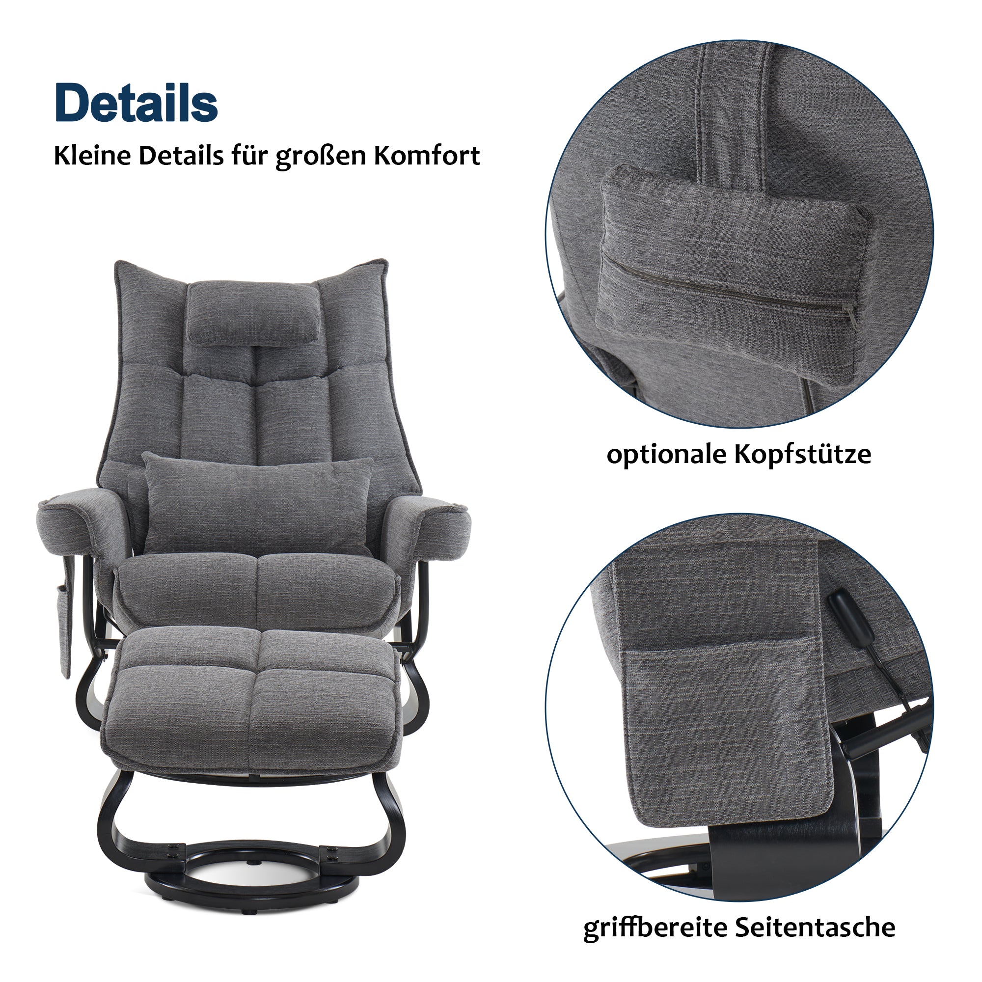 MCombo Relaxfauteuil met Hocker 9076, Draaiende fauteuil met ligfunctie, Moderne TV-fauteuil voor de woonkamer, met kussen en zijzak, Microvezel/Stof, 140 x 92 x 111 cm