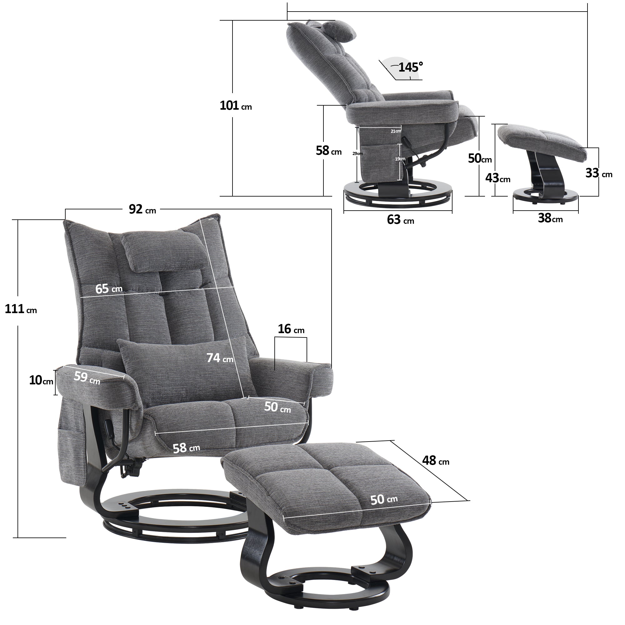 MCombo Relaxfauteuil met Hocker 9076, Draaiende fauteuil met ligfunctie, Moderne TV-fauteuil voor de woonkamer, met kussen en zijzak, Microvezel/Stof, 140 x 92 x 111 cm