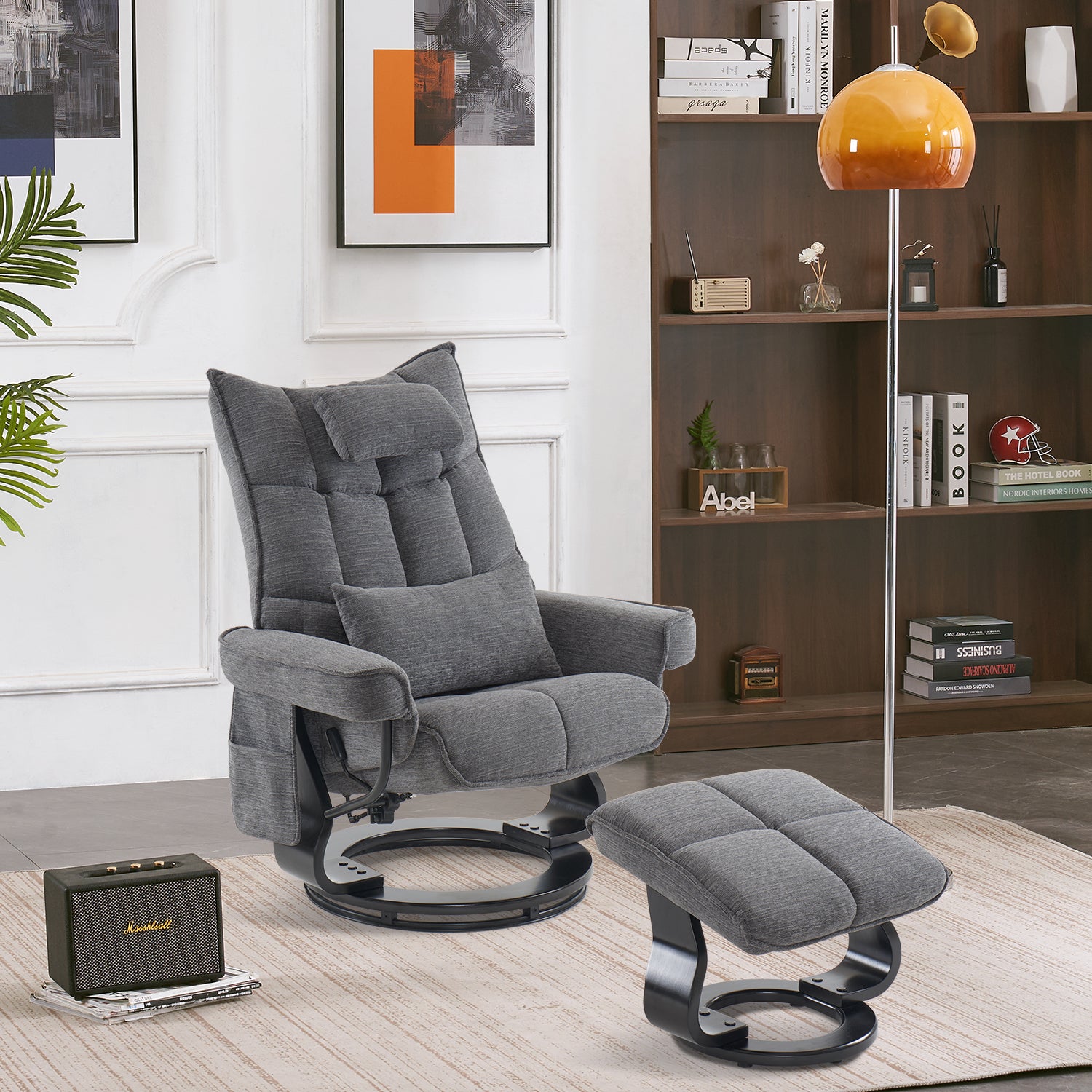 MCombo Relaxfauteuil met Hocker 9076, Draaiende fauteuil met ligfunctie, Moderne TV-fauteuil voor de woonkamer, met kussen en zijzak, Microvezel/Stof, 140 x 92 x 111 cm