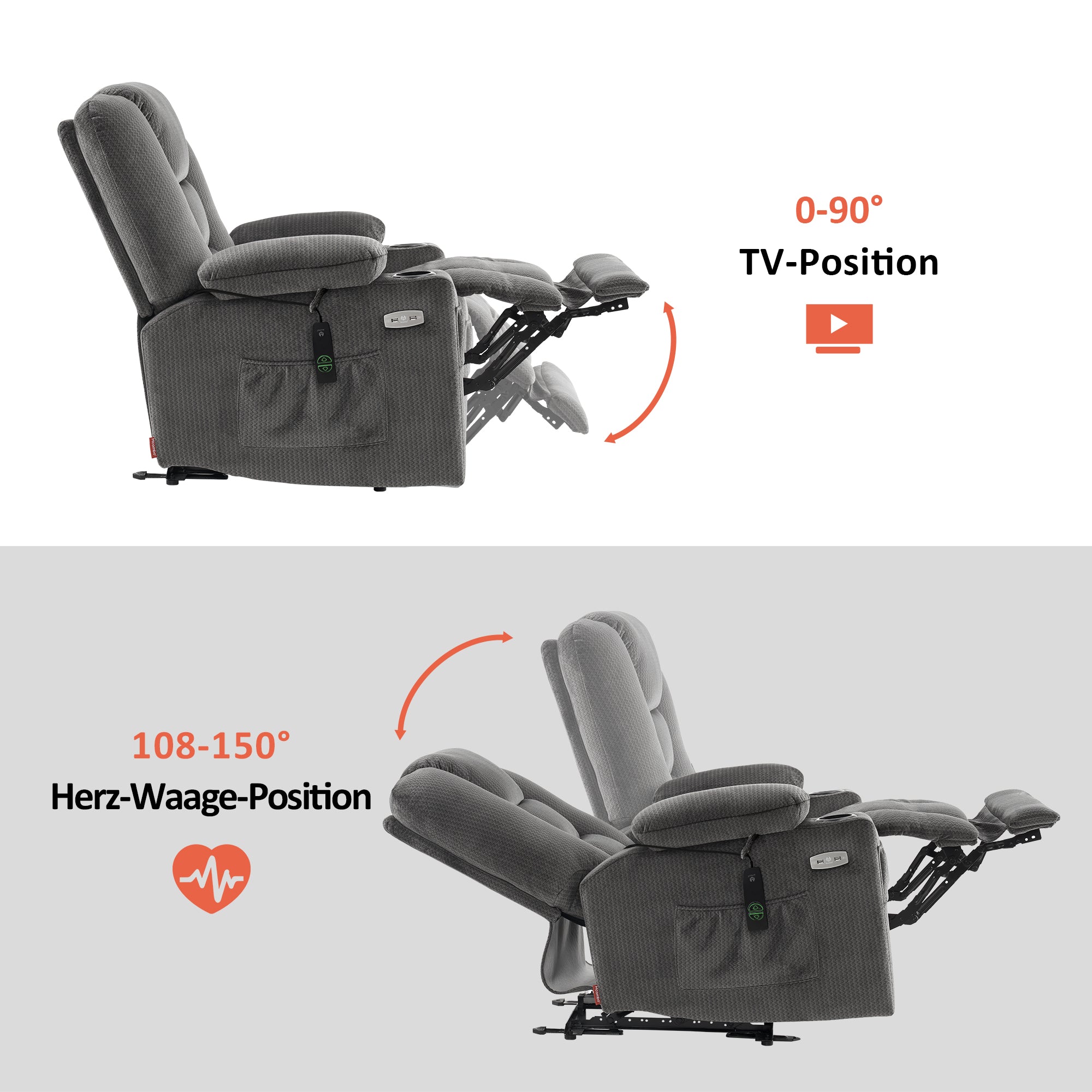 MCombo Poltrona TV reclinabile elettricamente regolabile 7008, poltrona reclinabile con funzione di sdraiarsi, poltrona TV con funzione massaggio e riscaldamento, porta USB e portabicchieri, per soggiorno