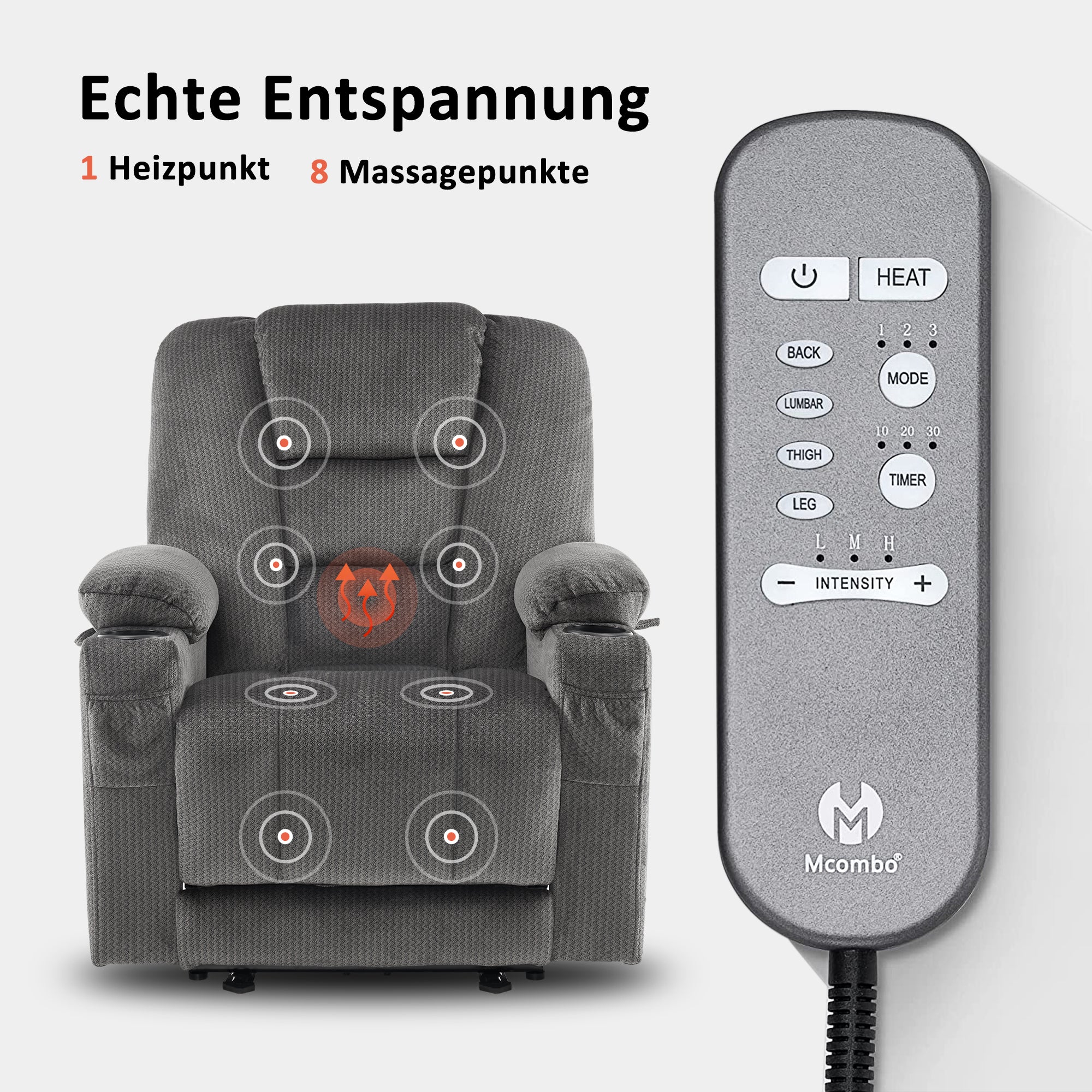 MCombo Poltrona TV reclinabile elettricamente regolabile 7008, poltrona reclinabile con funzione di sdraiarsi, poltrona TV con funzione massaggio e riscaldamento, porta USB e portabicchieri, per soggiorno