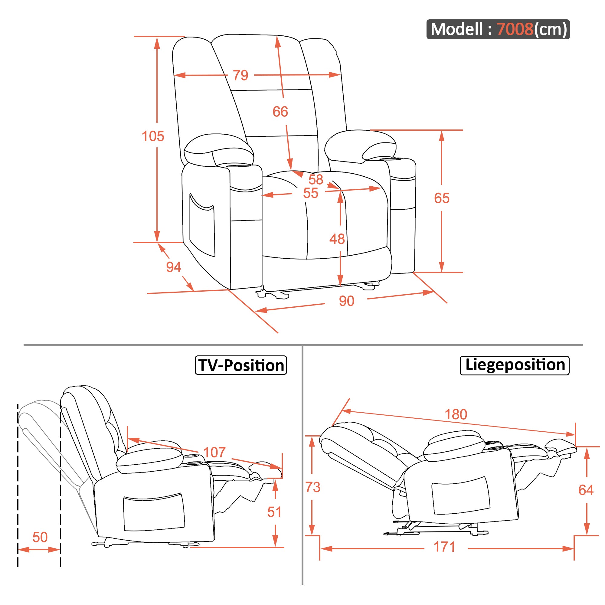 MCombo Poltrona TV reclinabile elettricamente regolabile 7008, poltrona reclinabile con funzione di sdraiarsi, poltrona TV con funzione massaggio e riscaldamento, porta USB e portabicchieri, per soggiorno