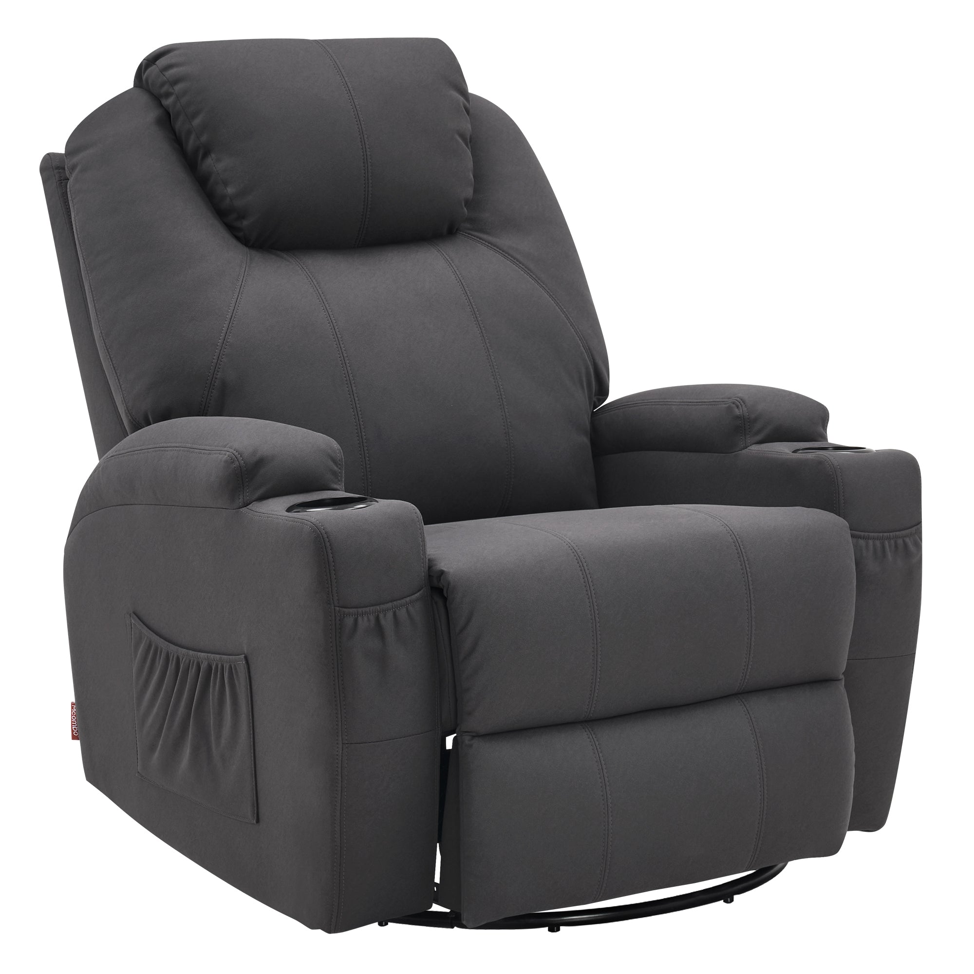 MCombo Poltrona massaggiante, poltrona TV, reclinabile 7020, con riscaldamento, girevole a 360°, funzione dondolo, regolabile manualmente (ecopelle nera/tessuto grigio/microfibra grigio scuro)