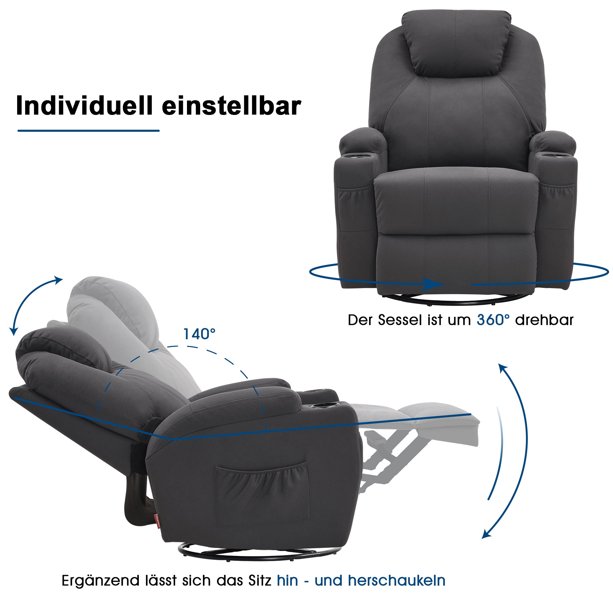MCombo Poltrona massaggiante, poltrona TV, reclinabile 7020, con riscaldamento, girevole a 360°, funzione dondolo, regolabile manualmente (ecopelle nera/tessuto grigio/microfibra grigio scuro)