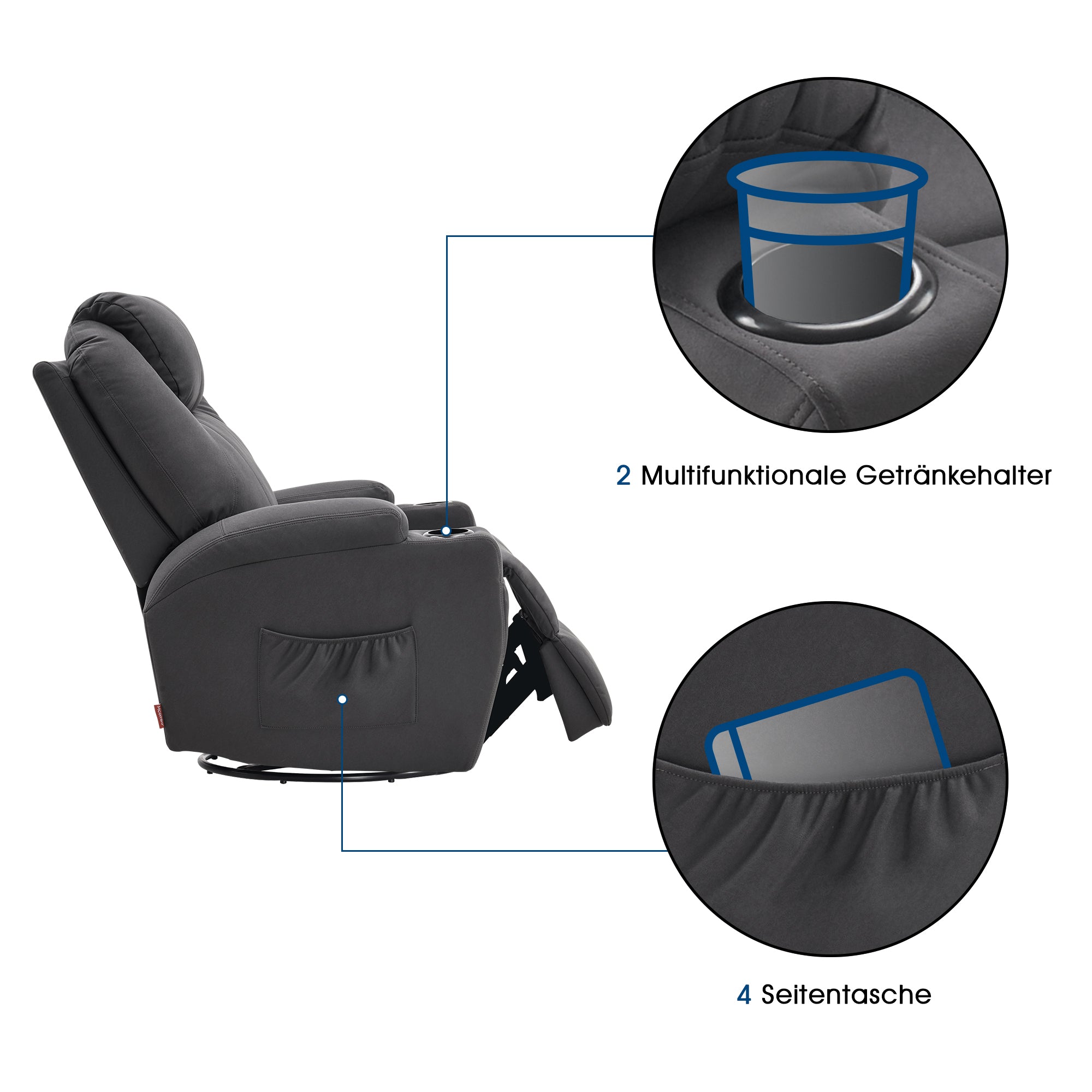MCombo Poltrona massaggiante, poltrona TV, reclinabile 7020, con riscaldamento, girevole a 360°, funzione dondolo, regolabile manualmente (ecopelle nera/tessuto grigio/microfibra grigio scuro)