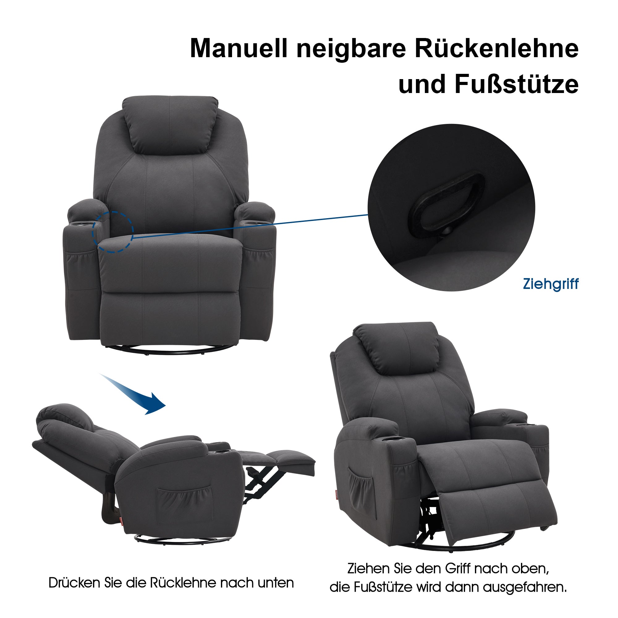 MCombo Poltrona massaggiante, poltrona TV, reclinabile 7020, con riscaldamento, girevole a 360°, funzione dondolo, regolabile manualmente (ecopelle nera/tessuto grigio/microfibra grigio scuro)