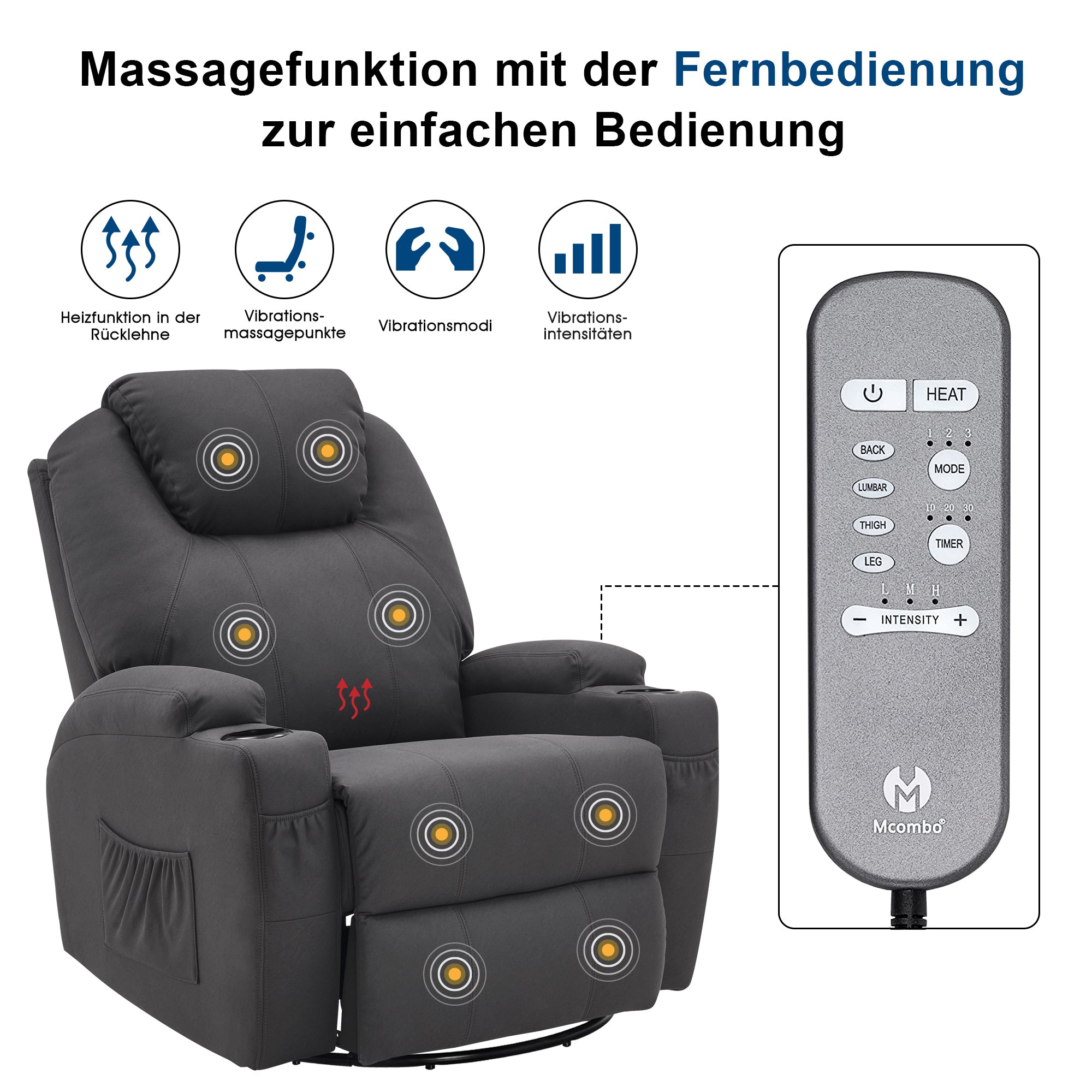 MCombo Poltrona massaggiante, poltrona TV, reclinabile 7020, con riscaldamento, girevole a 360°, funzione dondolo, regolabile manualmente (ecopelle nera/tessuto grigio/microfibra grigio scuro)