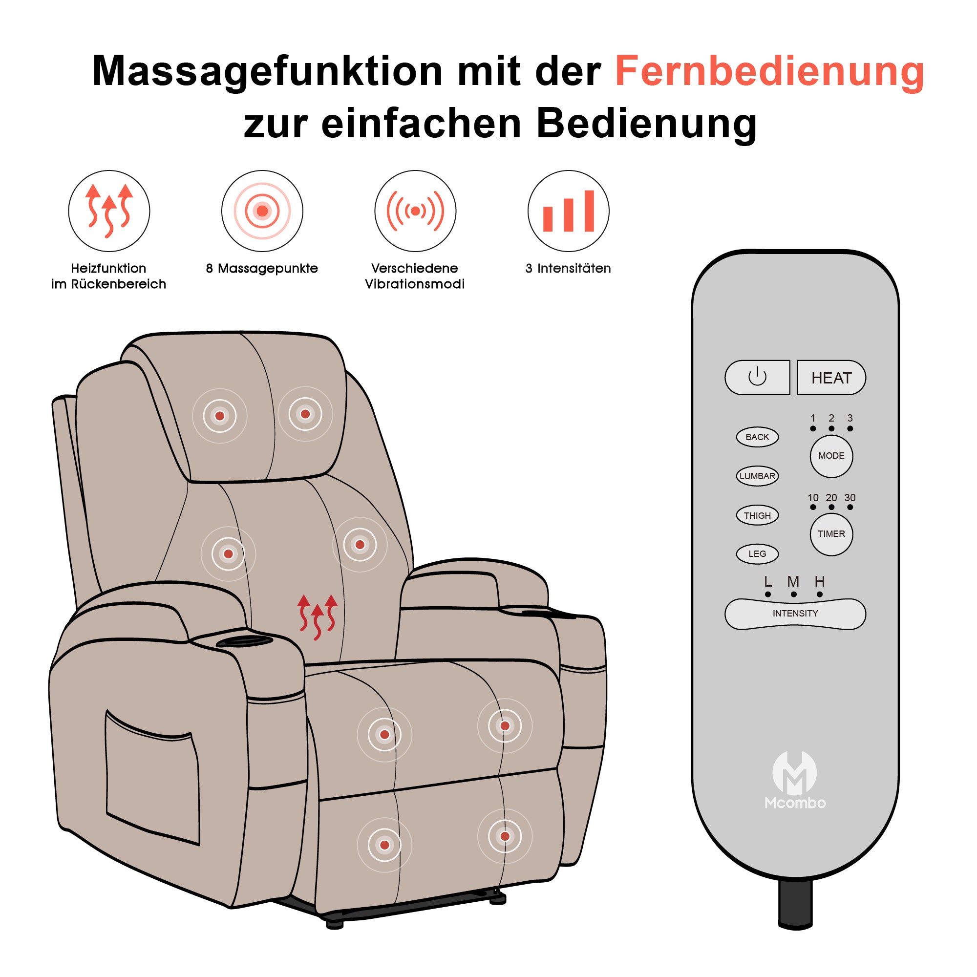 MCombo Poltrona relax elettrica, poltrona massaggiante, poltrona TV, funzione reclinabile, vibrazione, riscaldamento 7061