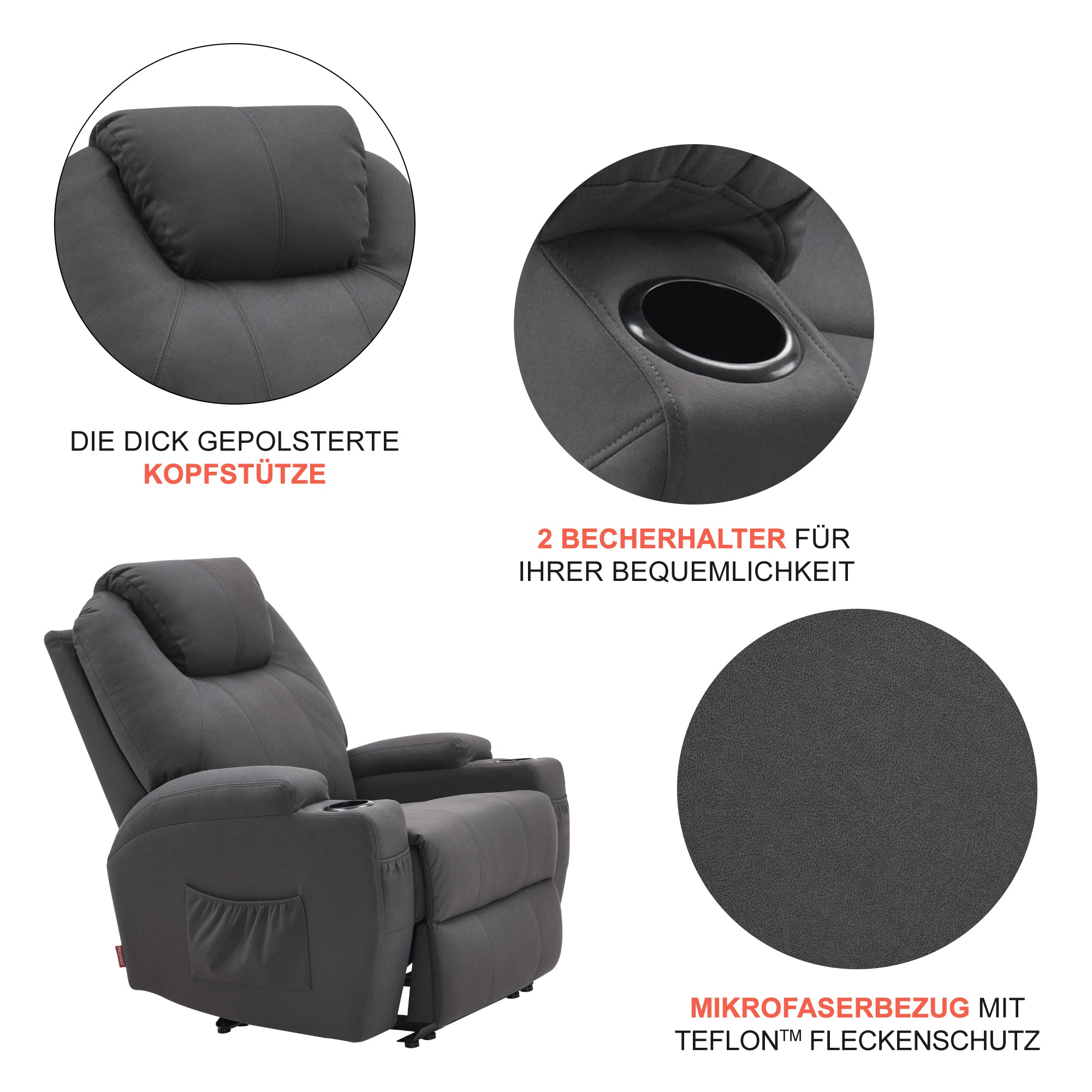 MCombo Poltrona relax elettrica, poltrona massaggiante, poltrona TV, funzione reclinabile, vibrazione, riscaldamento 7061