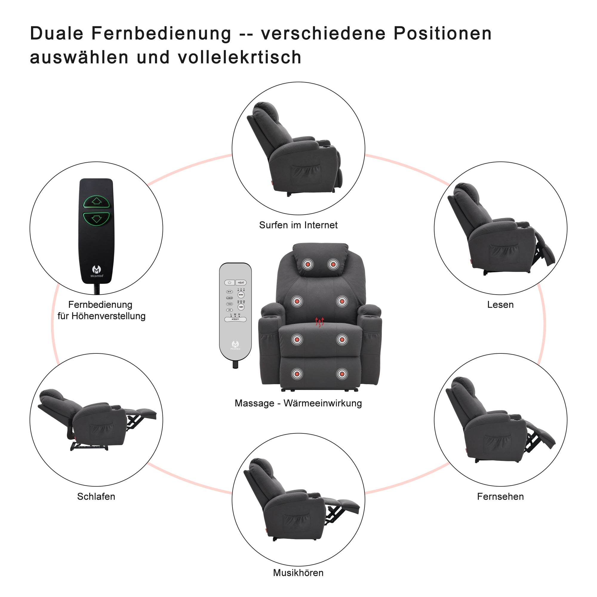 MCombo Poltrona relax elettrica, poltrona massaggiante, poltrona TV, funzione reclinabile, vibrazione, riscaldamento 7061