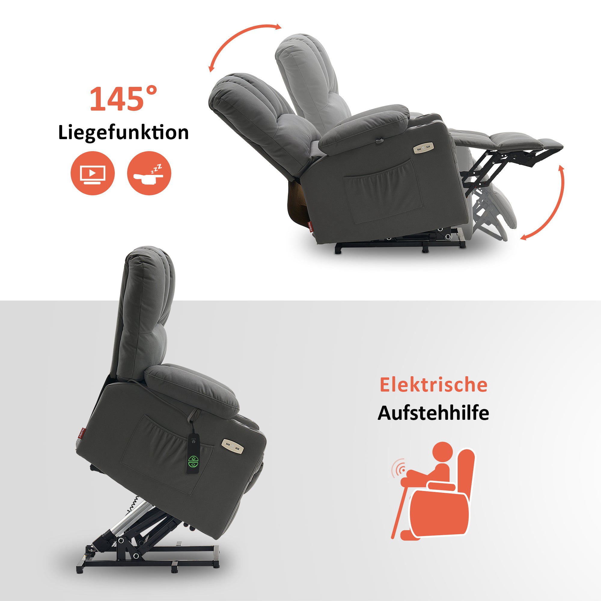 MCombo Poltrona relax con sollevamento assistito e funzione reclinabile 7102, poltrona TV regolabile elettricamente, poltrona TV con funzione massaggio e riscaldamento, per soggiorni per anziani, USB