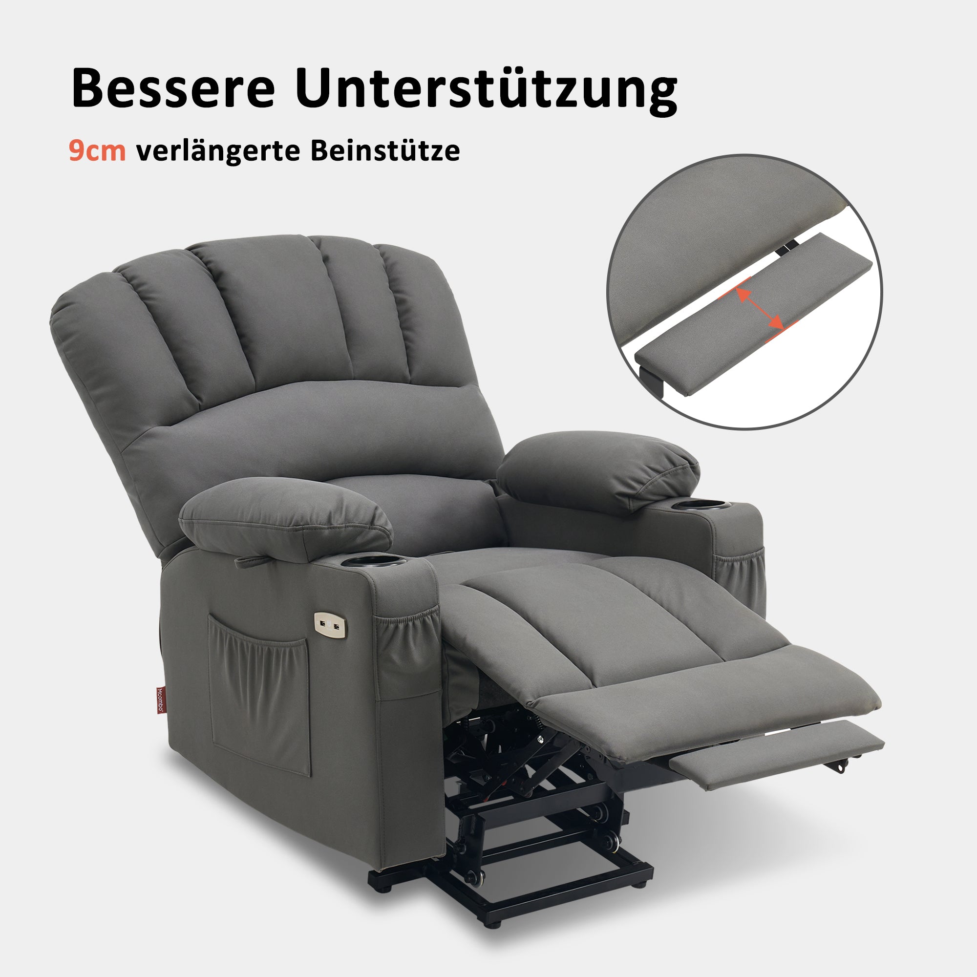 MCombo Poltrona relax con sollevamento assistito e funzione reclinabile 7102, poltrona TV regolabile elettricamente, poltrona TV con funzione massaggio e riscaldamento, per soggiorni per anziani, USB