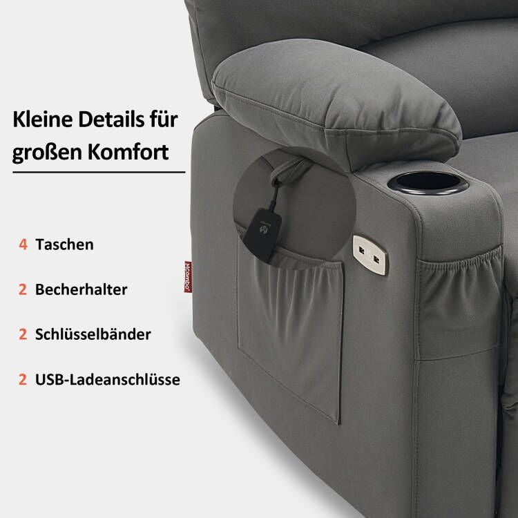 MCombo Poltrona relax con sollevamento assistito e funzione reclinabile 7102, poltrona TV regolabile elettricamente, poltrona TV con funzione massaggio e riscaldamento, per soggiorni per anziani, USB