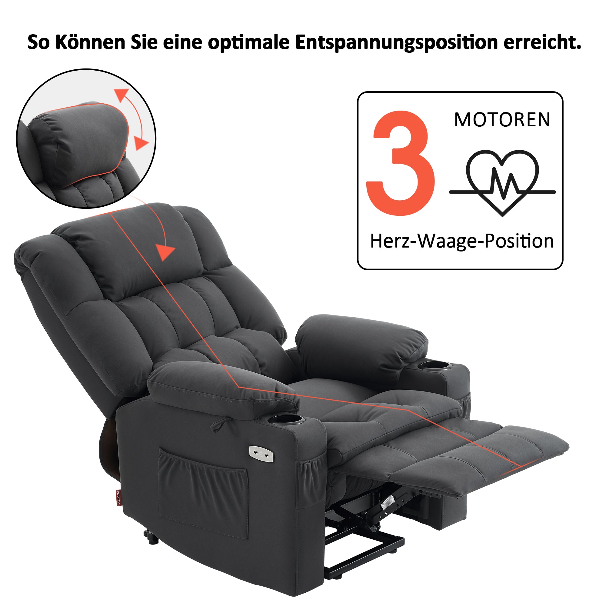 MCombo Poltrona relax elettrica a 3 motori con sistema di sollevamento assistito; schienale, poggiatesta e poggiapiedi regolabili in modo indipendente; inclinazione fino a 165°; cuscino della seduta in schiuma ad alta densità 35D (Modello 7546)
