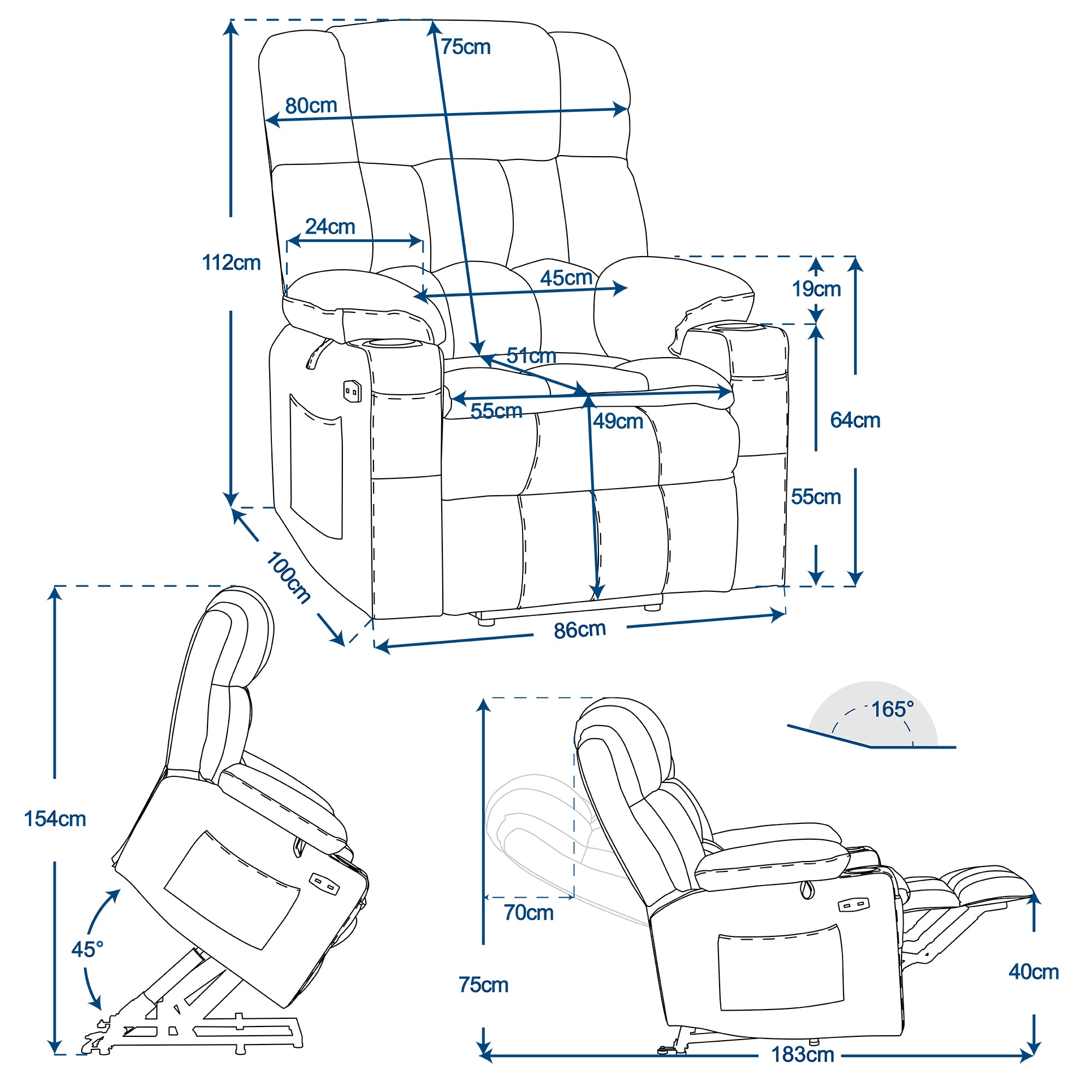 MCombo Poltrona relax elettrica a 3 motori con sistema di sollevamento assistito; schienale, poggiatesta e poggiapiedi regolabili in modo indipendente; inclinazione fino a 165°; cuscino della seduta in schiuma ad alta densità 35D (Modello 7546)