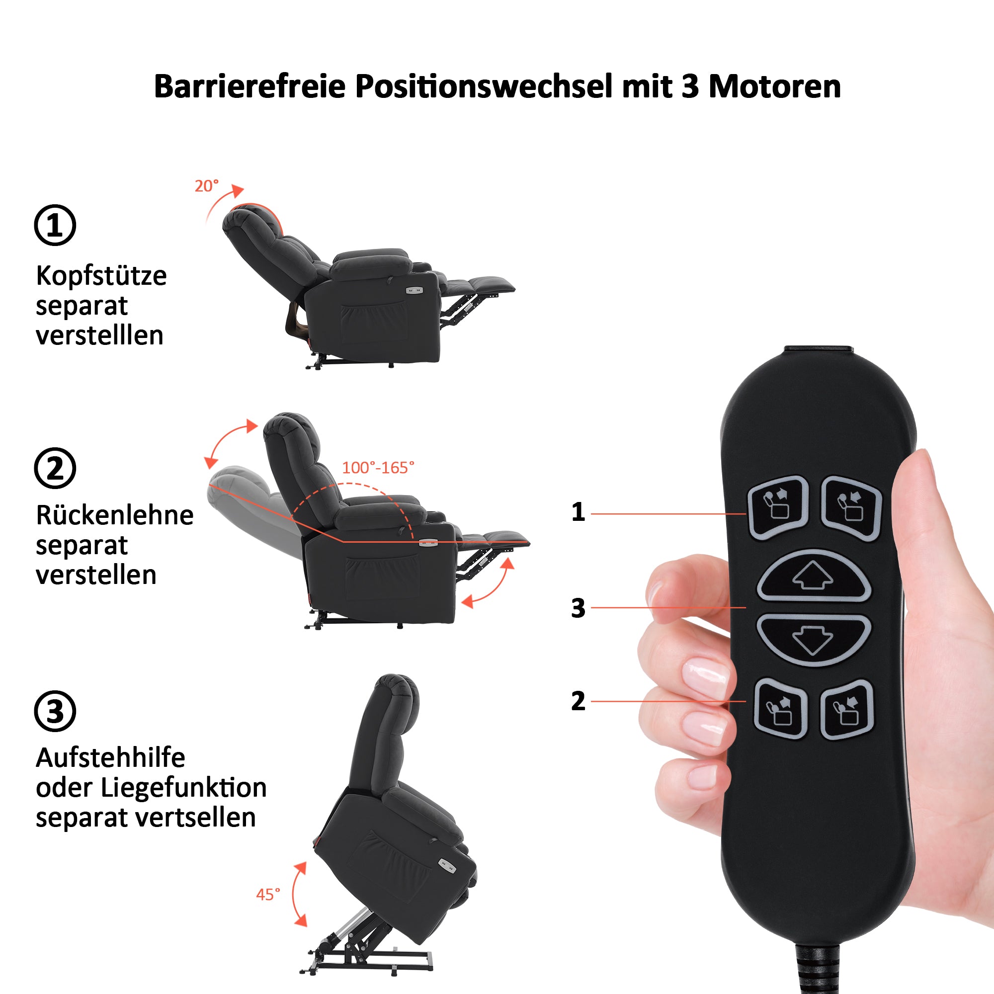 MCombo Poltrona relax elettrica a 3 motori con sistema di sollevamento assistito; schienale, poggiatesta e poggiapiedi regolabili in modo indipendente; inclinazione fino a 165°; cuscino della seduta in schiuma ad alta densità 35D (Modello 7546)