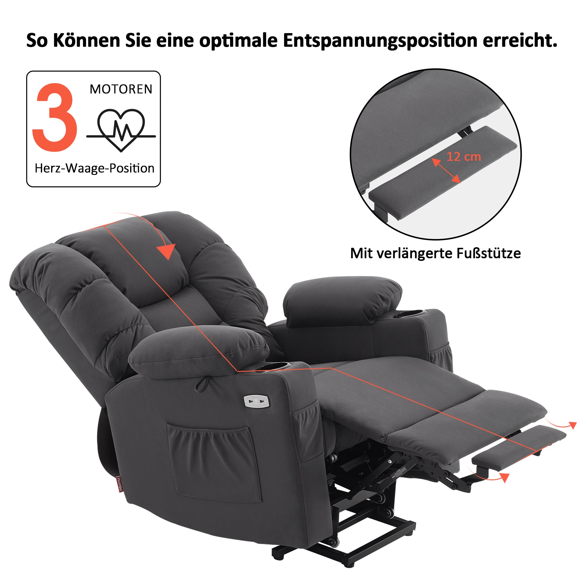 MCombo Poltrona relax elettrica con funzione di sollevamento 7550, dotata di 3 motori a regolazione indipendente, inclinazione fino a 170°, poggiapiedi esteso e porta USB; ideale per il soggiorno di anziani.