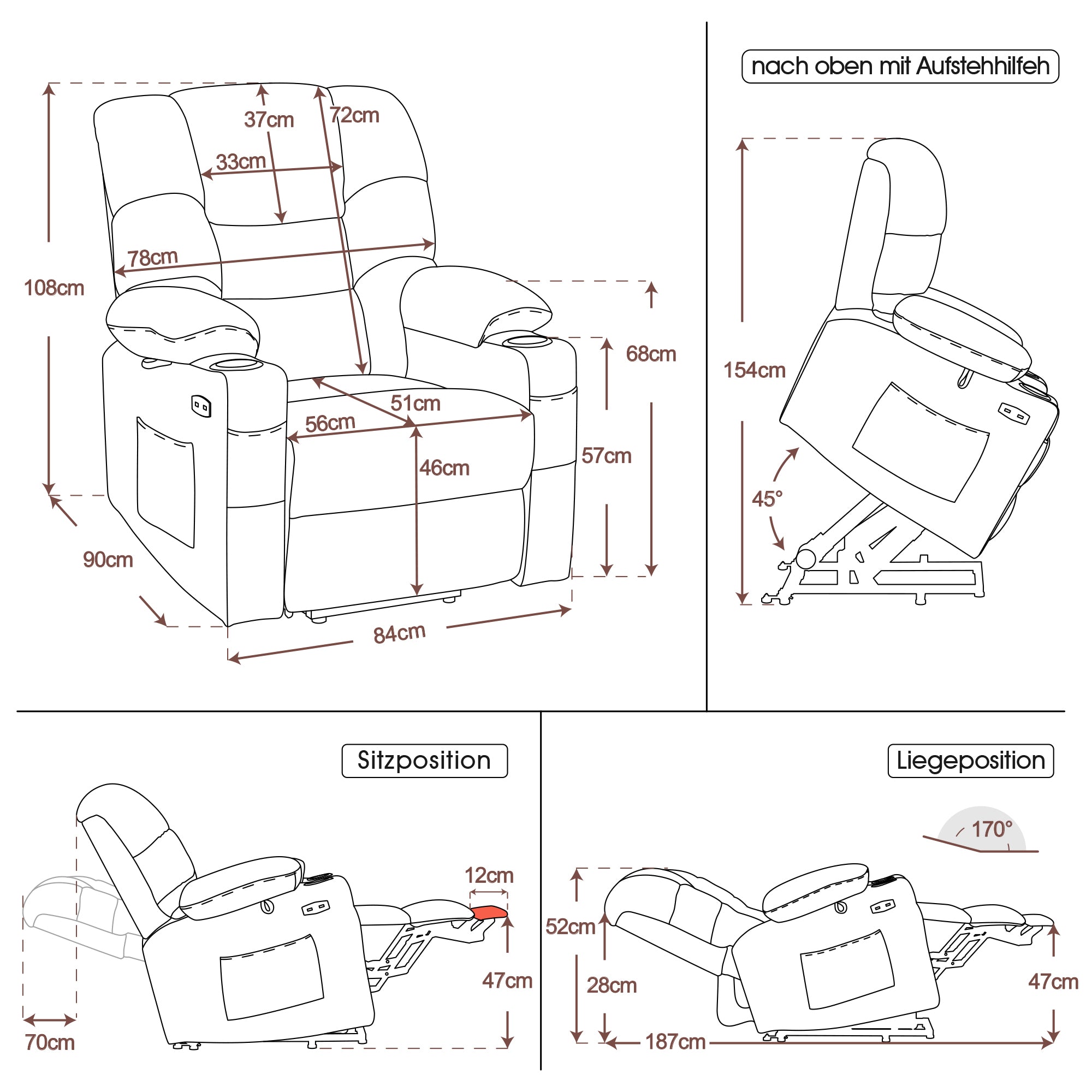 MCombo Poltrona relax elettrica con funzione di sollevamento 7550, dotata di 3 motori a regolazione indipendente, inclinazione fino a 170°, poggiapiedi esteso e porta USB; ideale per il soggiorno di anziani.