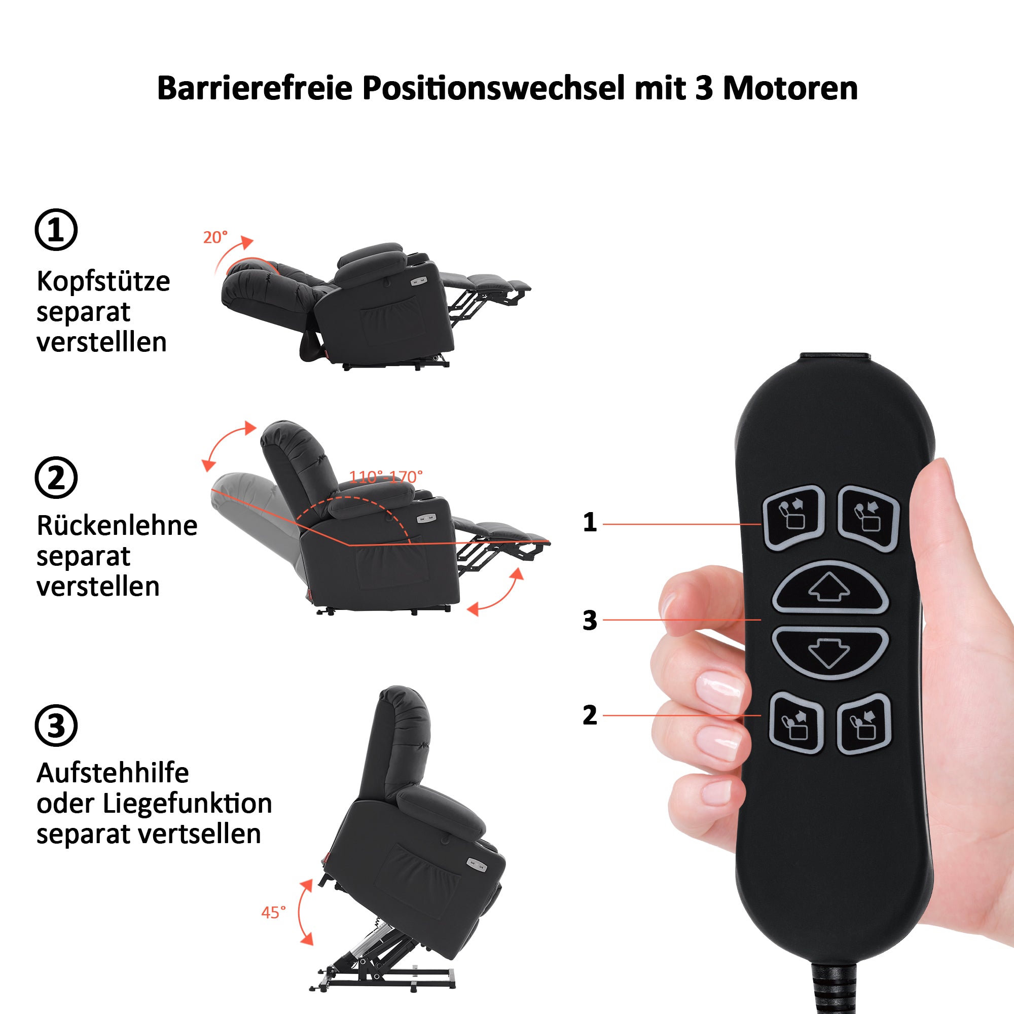 MCombo Poltrona relax elettrica con funzione di sollevamento 7550, dotata di 3 motori a regolazione indipendente, inclinazione fino a 170°, poggiapiedi esteso e porta USB; ideale per il soggiorno di anziani.