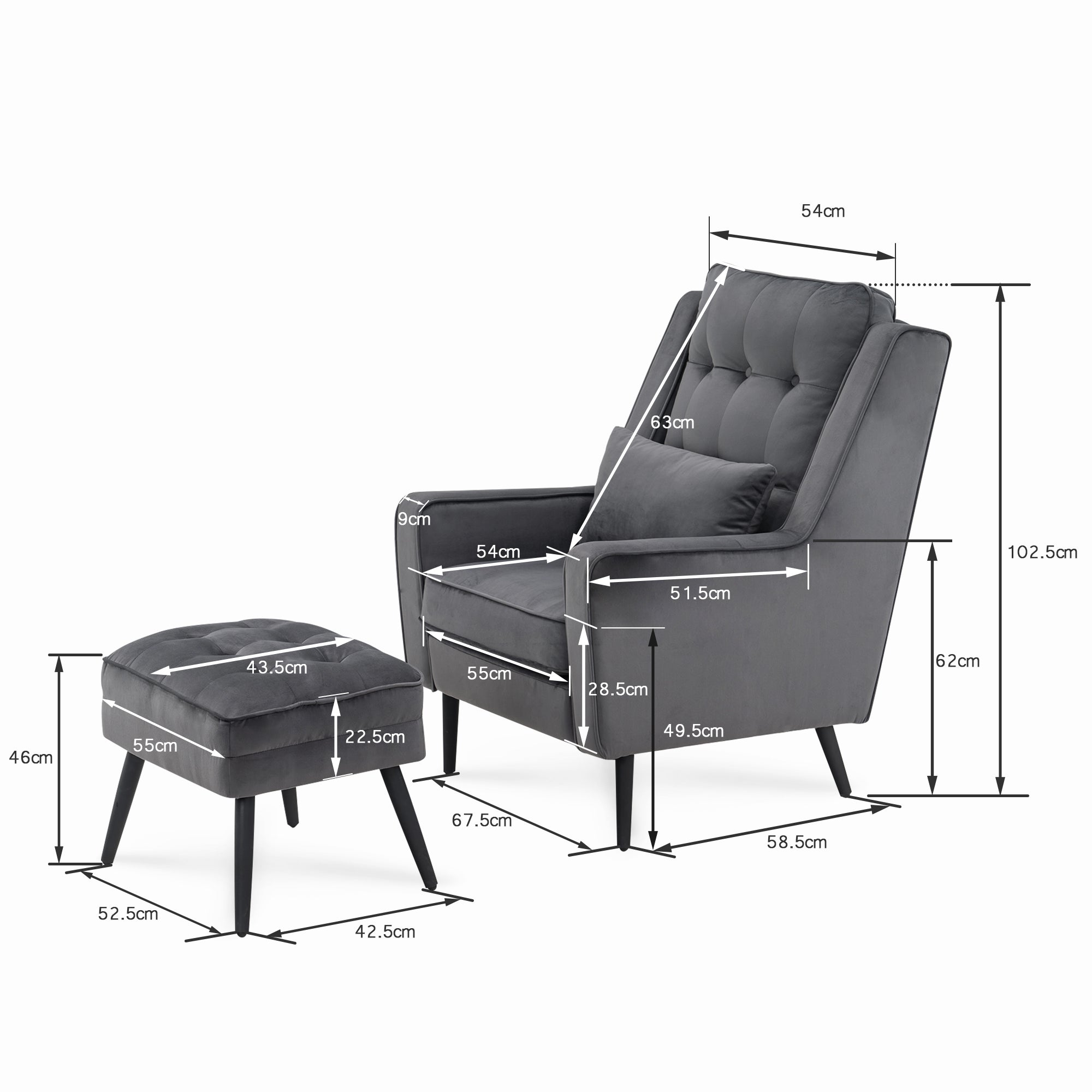 MCombo Poltrona "wingback" rivestita in velluto per il soggiorno; dotata di braccioli, cuscino e gambe in metallo; cuscino della seduta rimovibile; poltrona relax in stile Chesterfield; portata massima: 120 kg; modello 7277