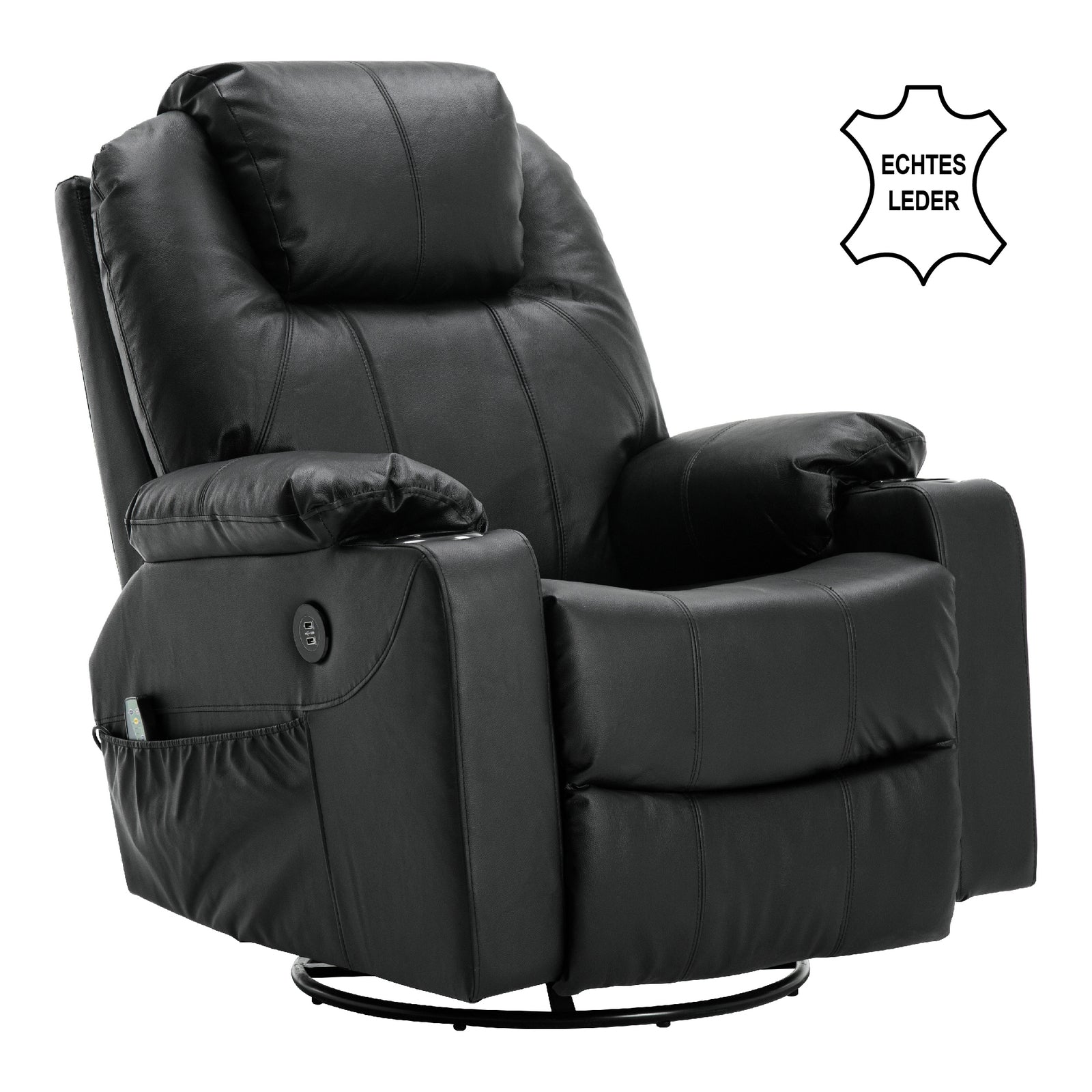 MCombo Poltrona relax con massaggio – Girevole e a dondolo, regolazione manuale, vera pelle – 7050