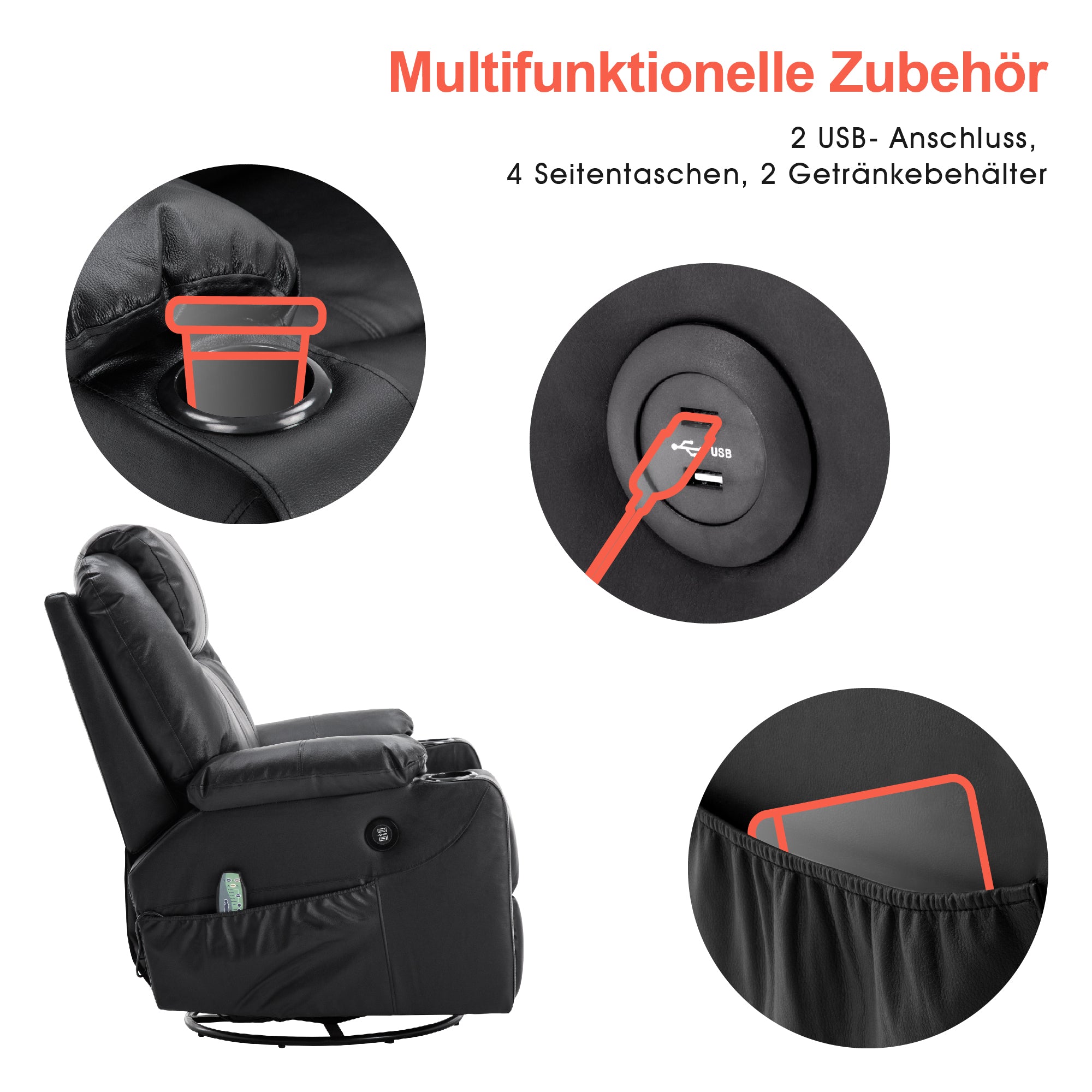 MCombo Poltrona relax con massaggio – Girevole e a dondolo, regolazione manuale, vera pelle – 7050