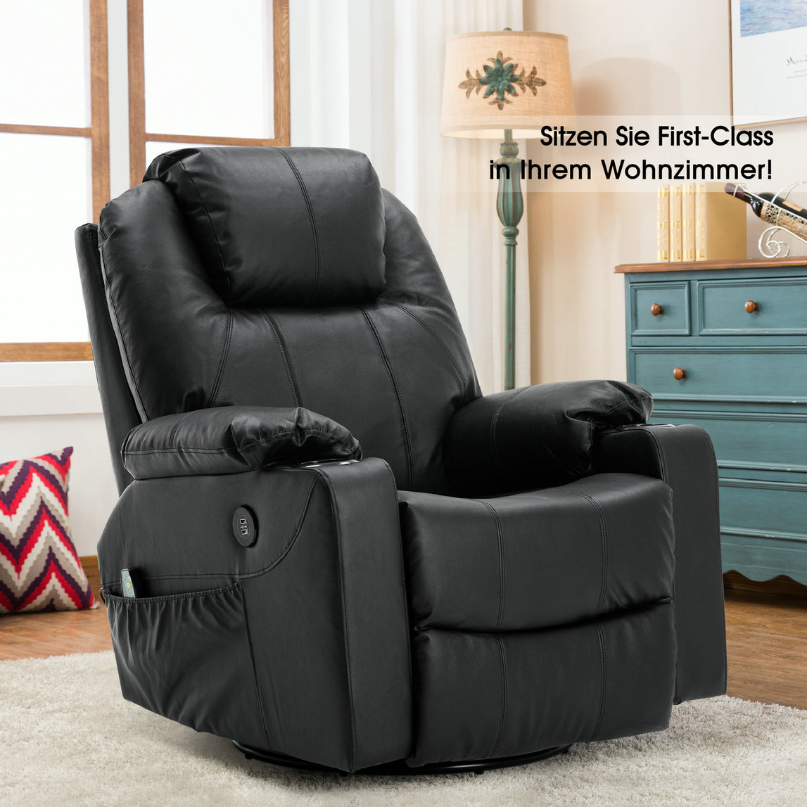 MCombo Poltrona relax con massaggio – Girevole e a dondolo, regolazione manuale, vera pelle – 7050