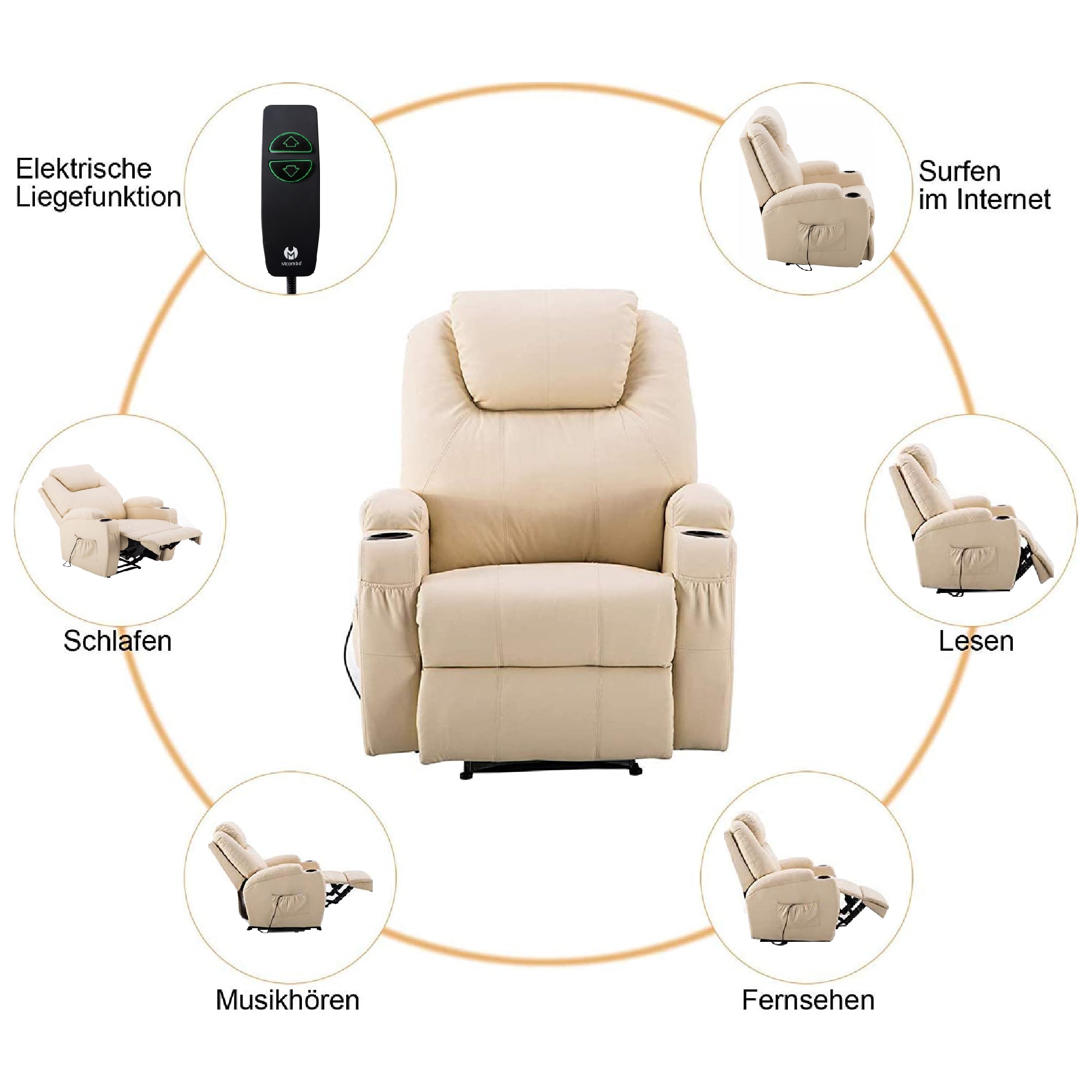 MCombo Poltrona relax elettrica, poltrona massaggiante, poltrona TV, funzione reclinabile, vibrazione, riscaldamento 7061