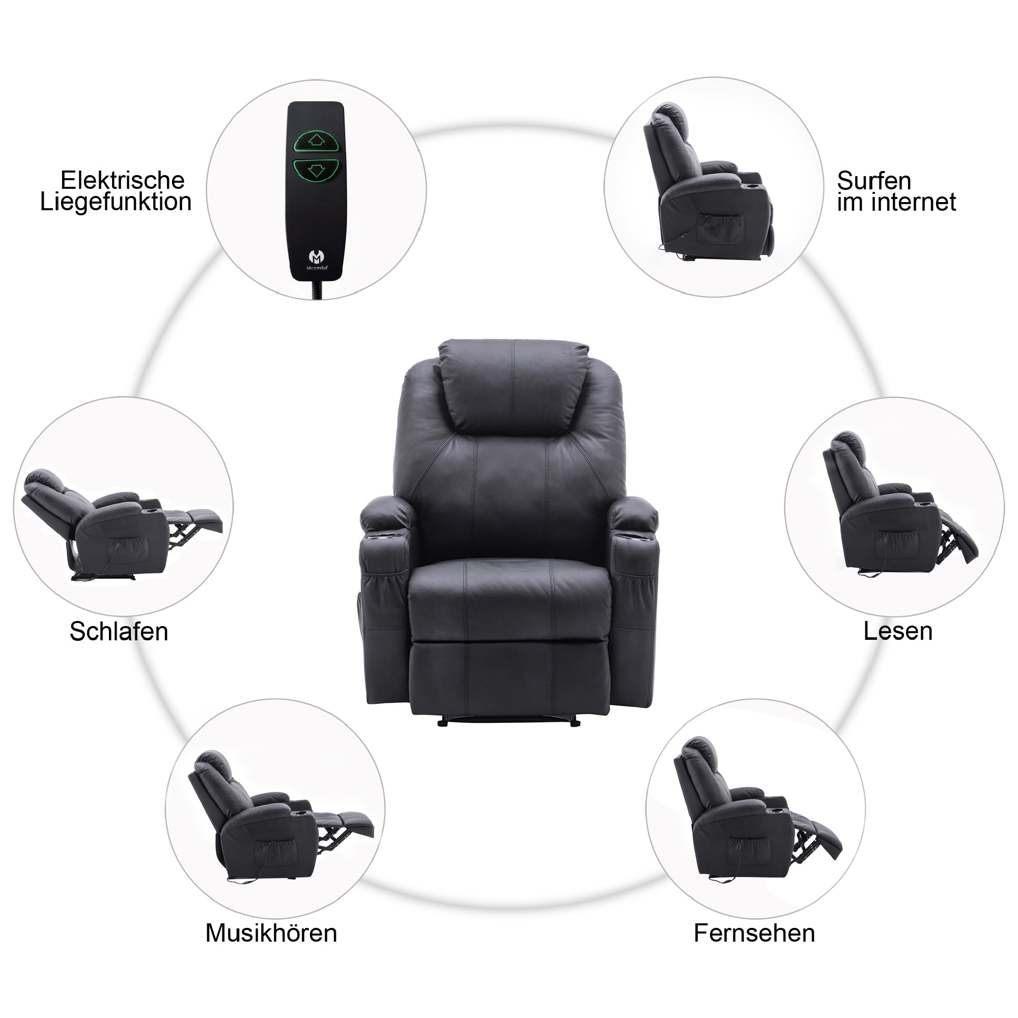 MCombo Poltrona relax elettrica, poltrona massaggiante, poltrona TV, funzione reclinabile, vibrazione, riscaldamento 7061