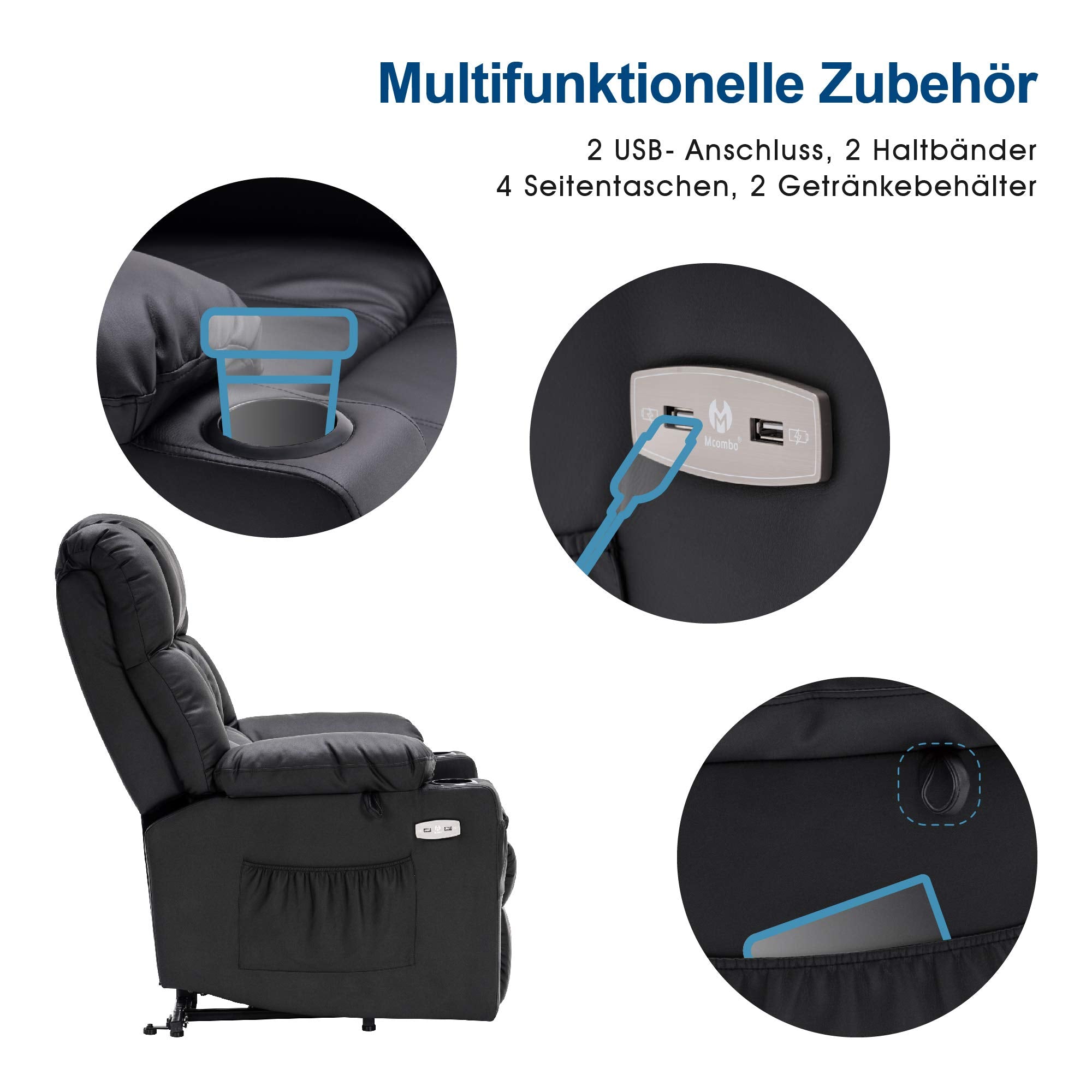 MCombo Poltrona relax elettrica a 3 motori con sistema di sollevamento assistito; schienale, poggiatesta e poggiapiedi regolabili in modo indipendente; inclinazione fino a 165°; cuscino della seduta in schiuma ad alta densità 35D (Modello 7546)