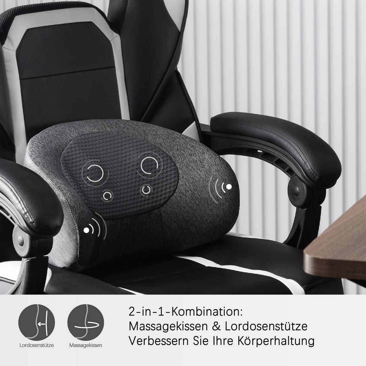 MCombo Cuscino massaggiante Shiatsu / Supporto lombare (a forma di C / stile cuscino cervicale) – Massaggiatore ergonomico, portatile, senza fili e ricaricabile con funzione riscaldante; ideale per home office, ufficio e guida (Modello B709)