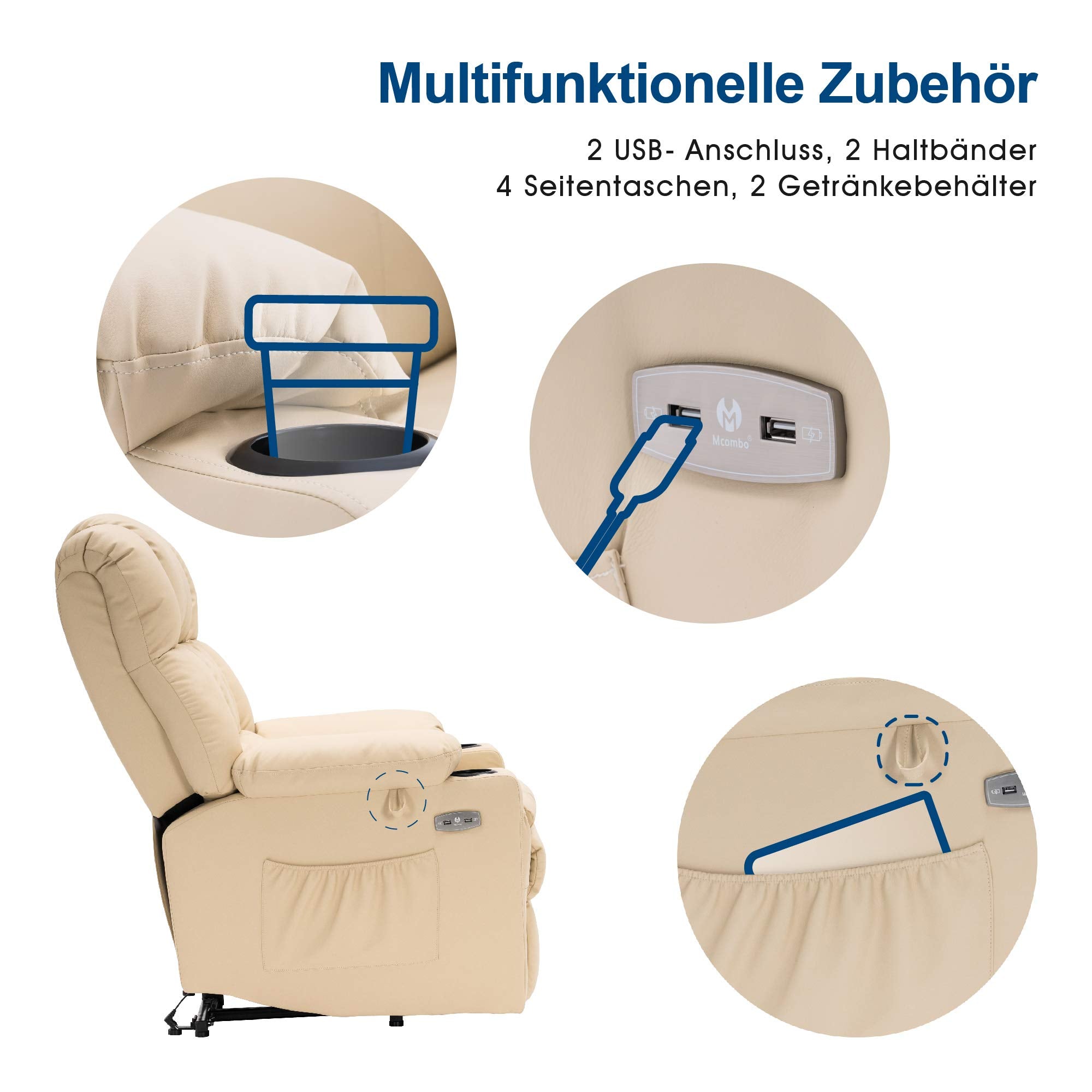 MCombo Poltrona relax elettrica a 3 motori con sistema di sollevamento assistito; schienale, poggiatesta e poggiapiedi regolabili in modo indipendente; inclinazione fino a 165°; cuscino della seduta in schiuma ad alta densità 35D (Modello 7546)