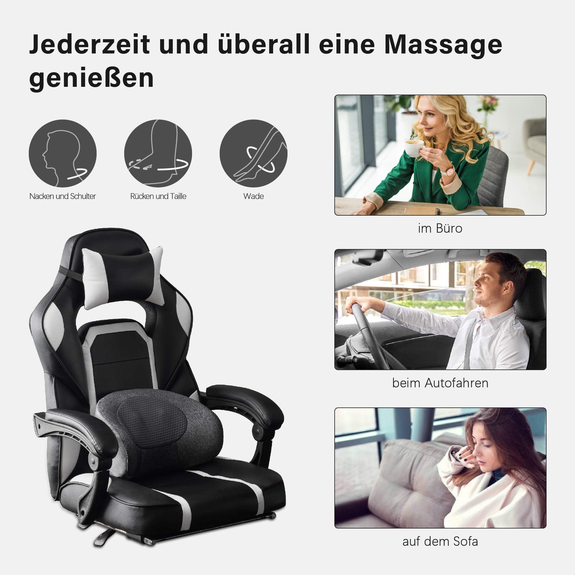MCombo Cuscino massaggiante Shiatsu / Supporto lombare (a forma di C / stile cuscino cervicale) – Massaggiatore ergonomico, portatile, senza fili e ricaricabile con funzione riscaldante; ideale per home office, ufficio e guida (Modello B709)