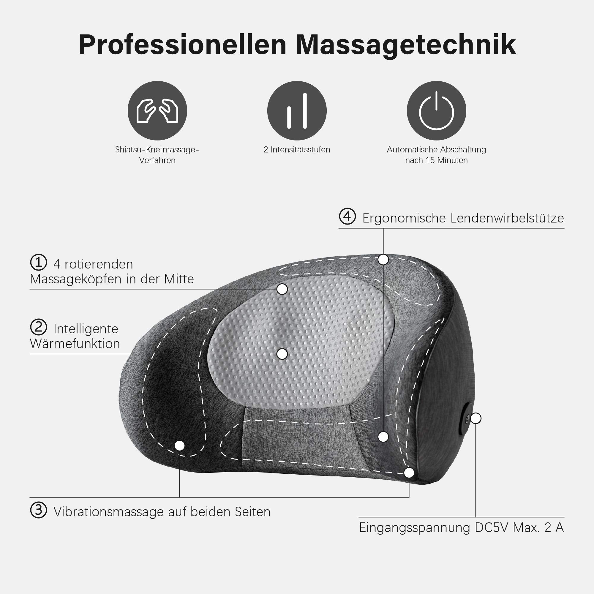 MCombo Cuscino massaggiante Shiatsu / Supporto lombare (a forma di C / stile cuscino cervicale) – Massaggiatore ergonomico, portatile, senza fili e ricaricabile con funzione riscaldante; ideale per home office, ufficio e guida (Modello B709)