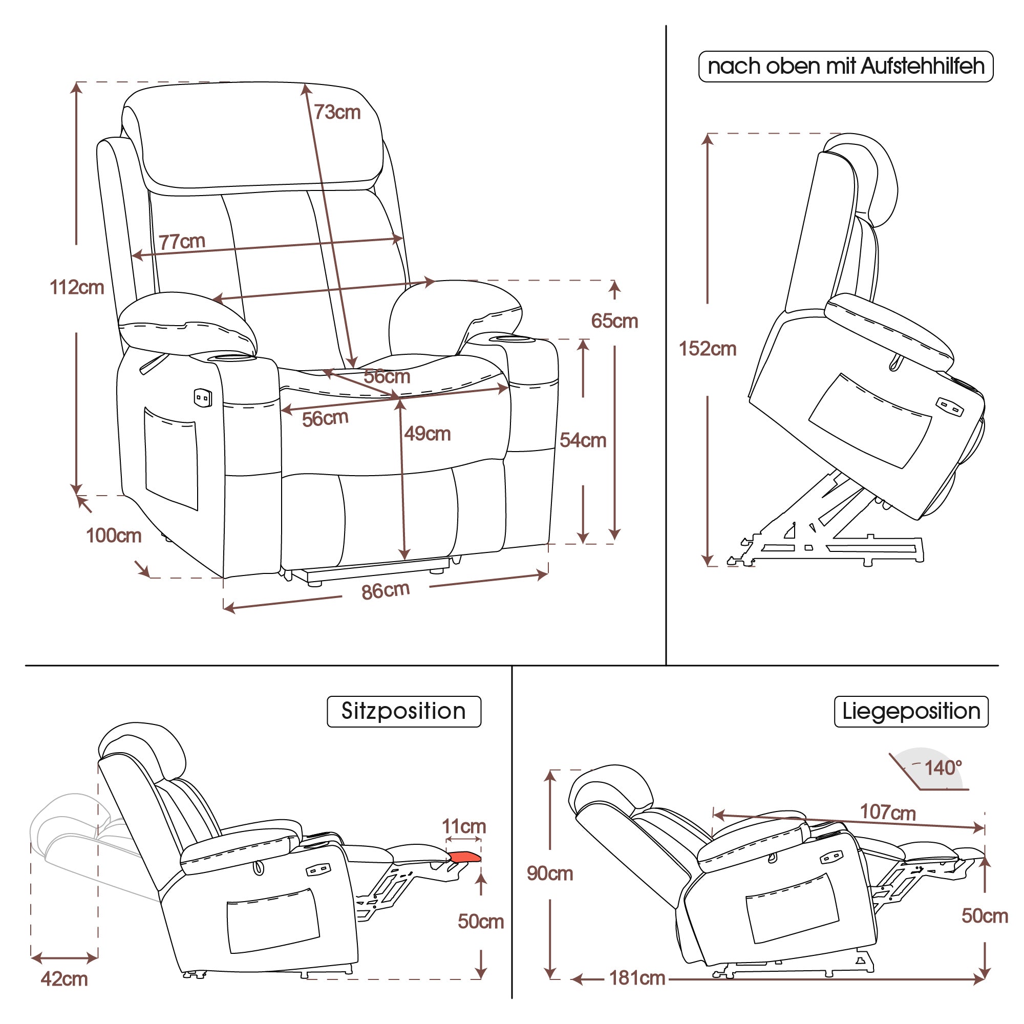 M MCombo Relaxsessel met opstaahulp & ligfunctie 7190, elektrisch verstelbare fauteuil, voor senioren woonkamer, USB, (Zwart-kunstleer / Donkergrijs-stof)