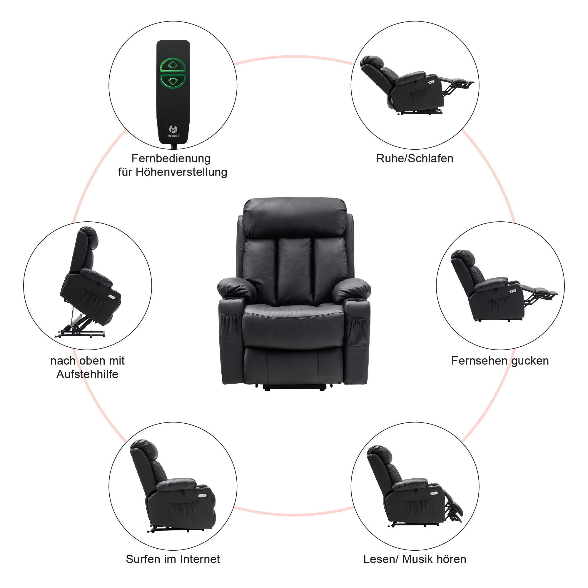 M MCombo Relaxsessel met opstaahulp & ligfunctie 7190, elektrisch verstelbare fauteuil, voor senioren woonkamer, USB, (Zwart-kunstleer / Donkergrijs-stof)