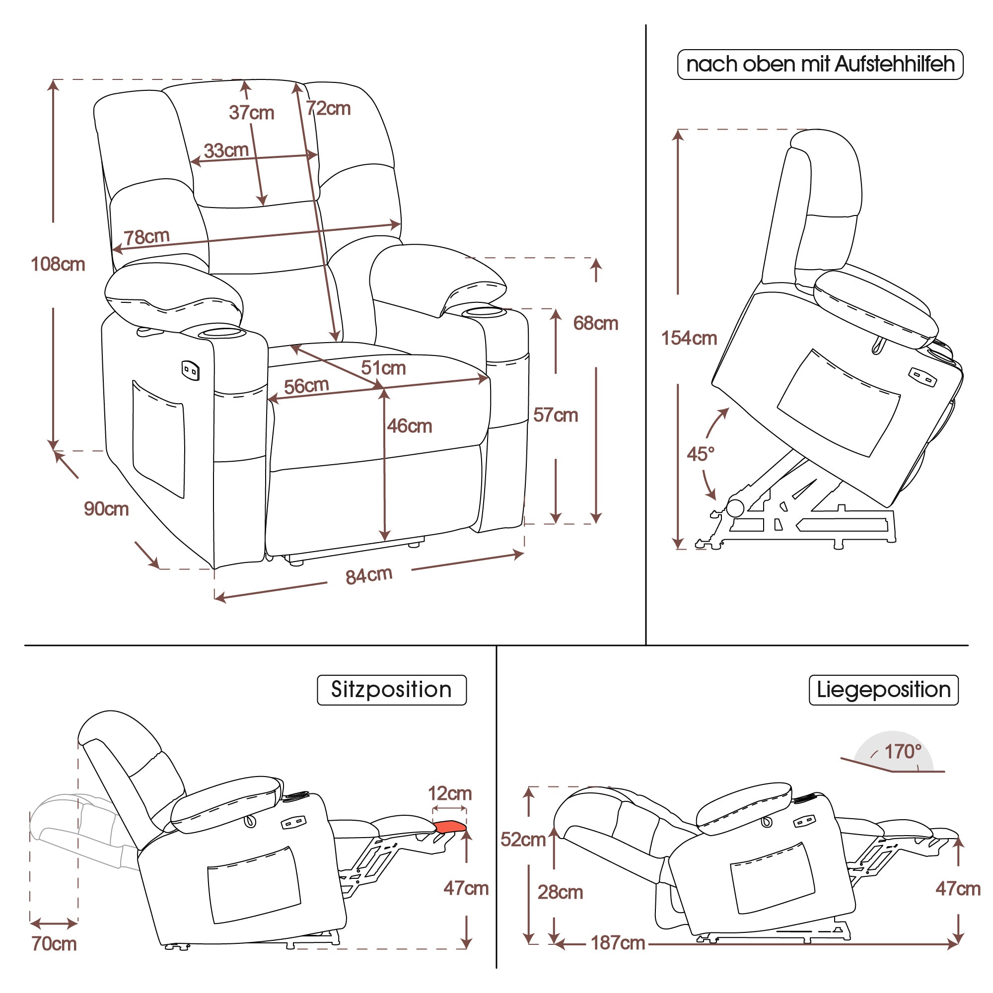 MCombo Poltrona relax elettrica con funzione di sollevamento 7550, dotata di 3 motori a regolazione indipendente, inclinazione fino a 170°, poggiapiedi esteso e porta USB; ideale per il soggiorno di anziani.