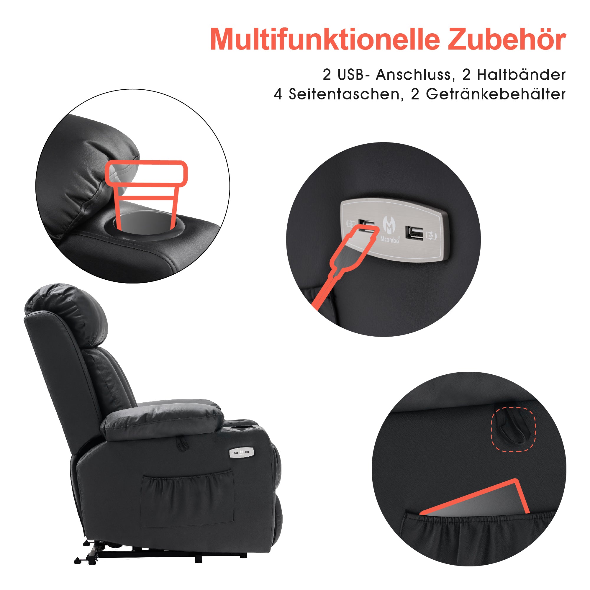 M MCombo Relaxsessel met opstaahulp & ligfunctie 7190, elektrisch verstelbare fauteuil, voor senioren woonkamer, USB, (Zwart-kunstleer / Donkergrijs-stof)
