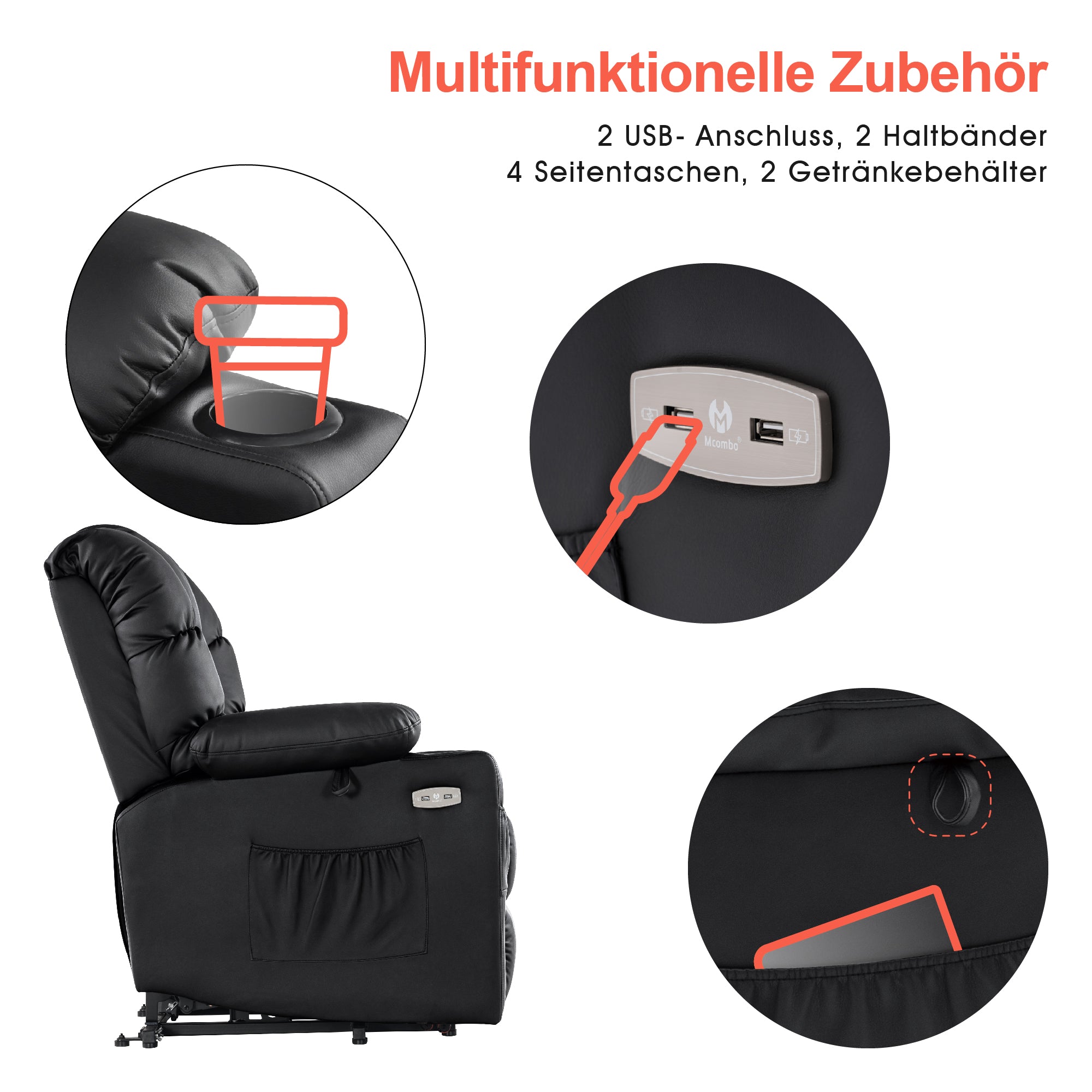 MCombo Poltrona relax elettrica con funzione di sollevamento 7550, dotata di 3 motori a regolazione indipendente, inclinazione fino a 170°, poggiapiedi esteso e porta USB; ideale per il soggiorno di anziani.