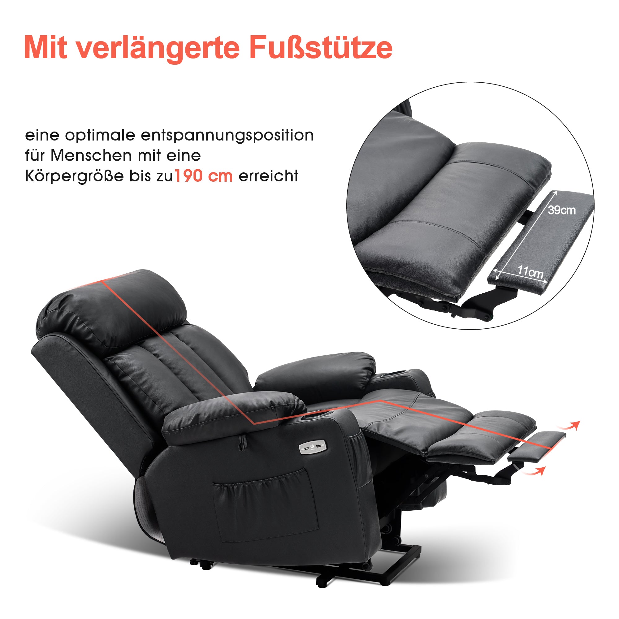M MCombo Relaxsessel met opstaahulp & ligfunctie 7190, elektrisch verstelbare fauteuil, voor senioren woonkamer, USB, (Zwart-kunstleer / Donkergrijs-stof)