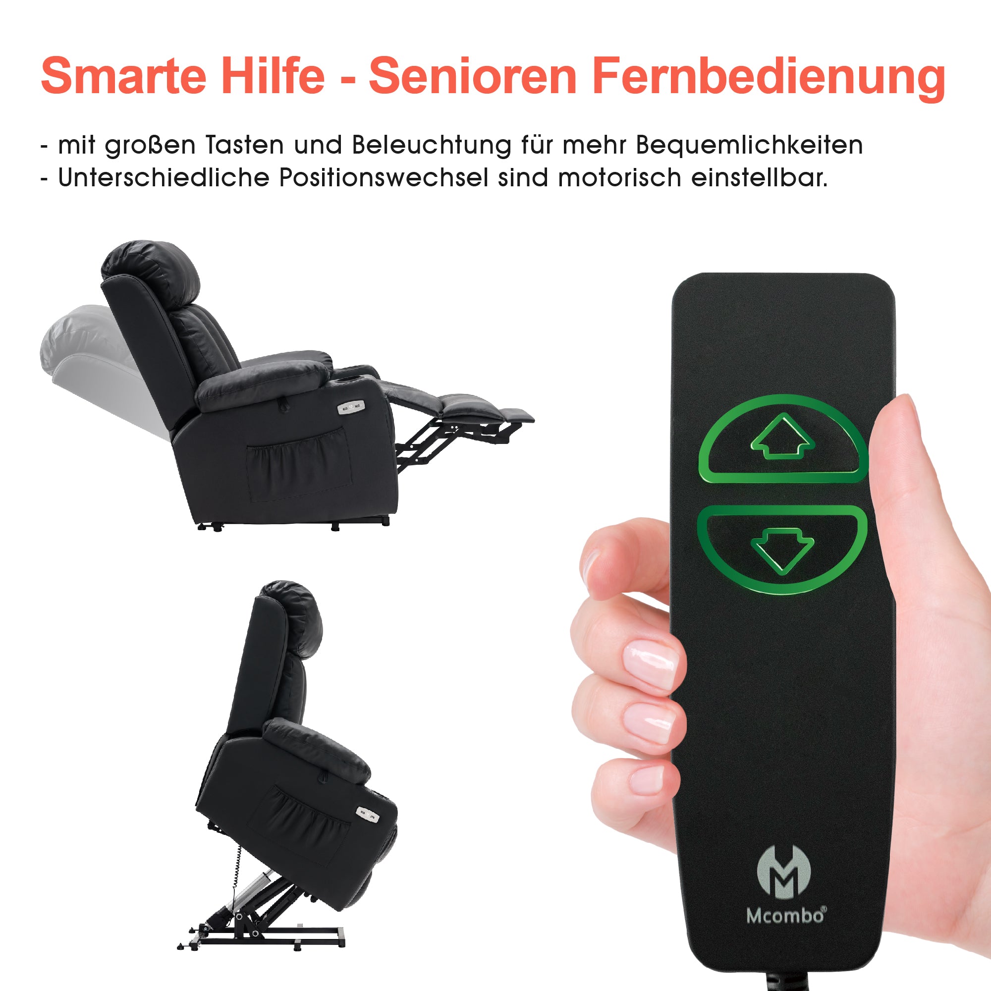 M MCombo Relaxsessel met opstaahulp & ligfunctie 7190, elektrisch verstelbare fauteuil, voor senioren woonkamer, USB, (Zwart-kunstleer / Donkergrijs-stof)