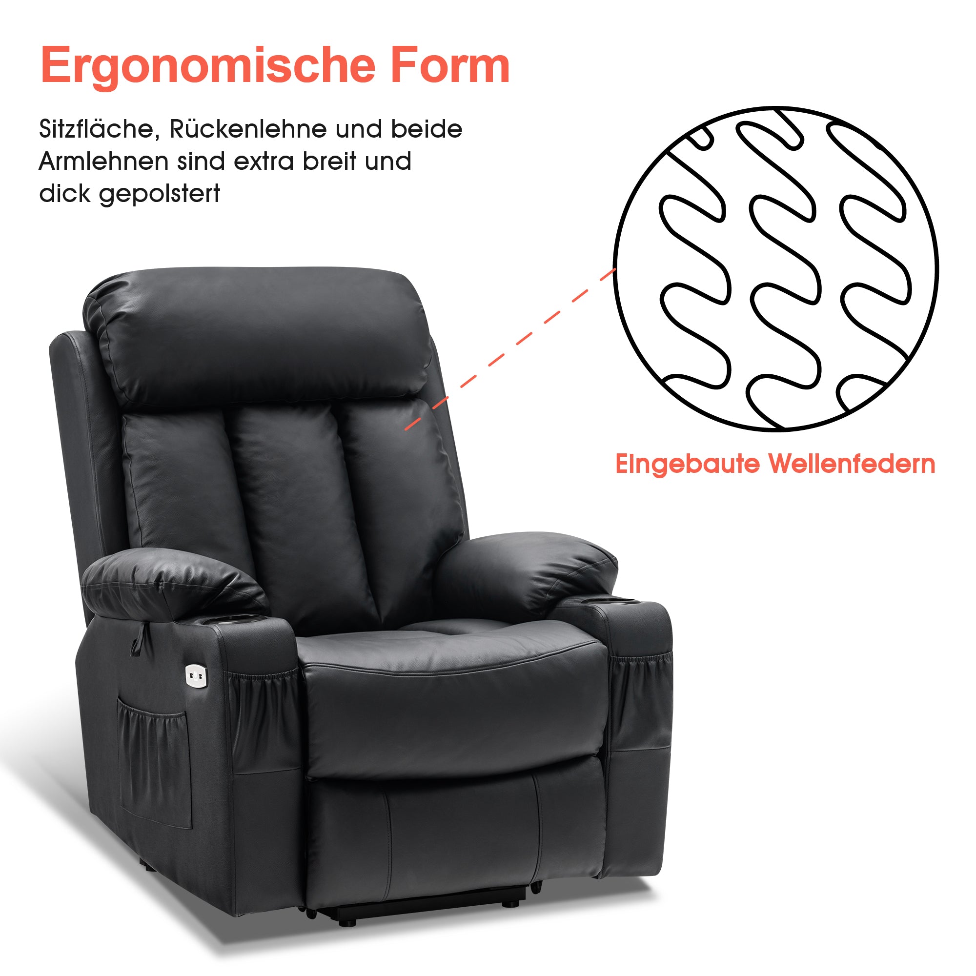 M MCombo Relaxsessel met opstaahulp & ligfunctie 7190, elektrisch verstelbare fauteuil, voor senioren woonkamer, USB, (Zwart-kunstleer / Donkergrijs-stof)