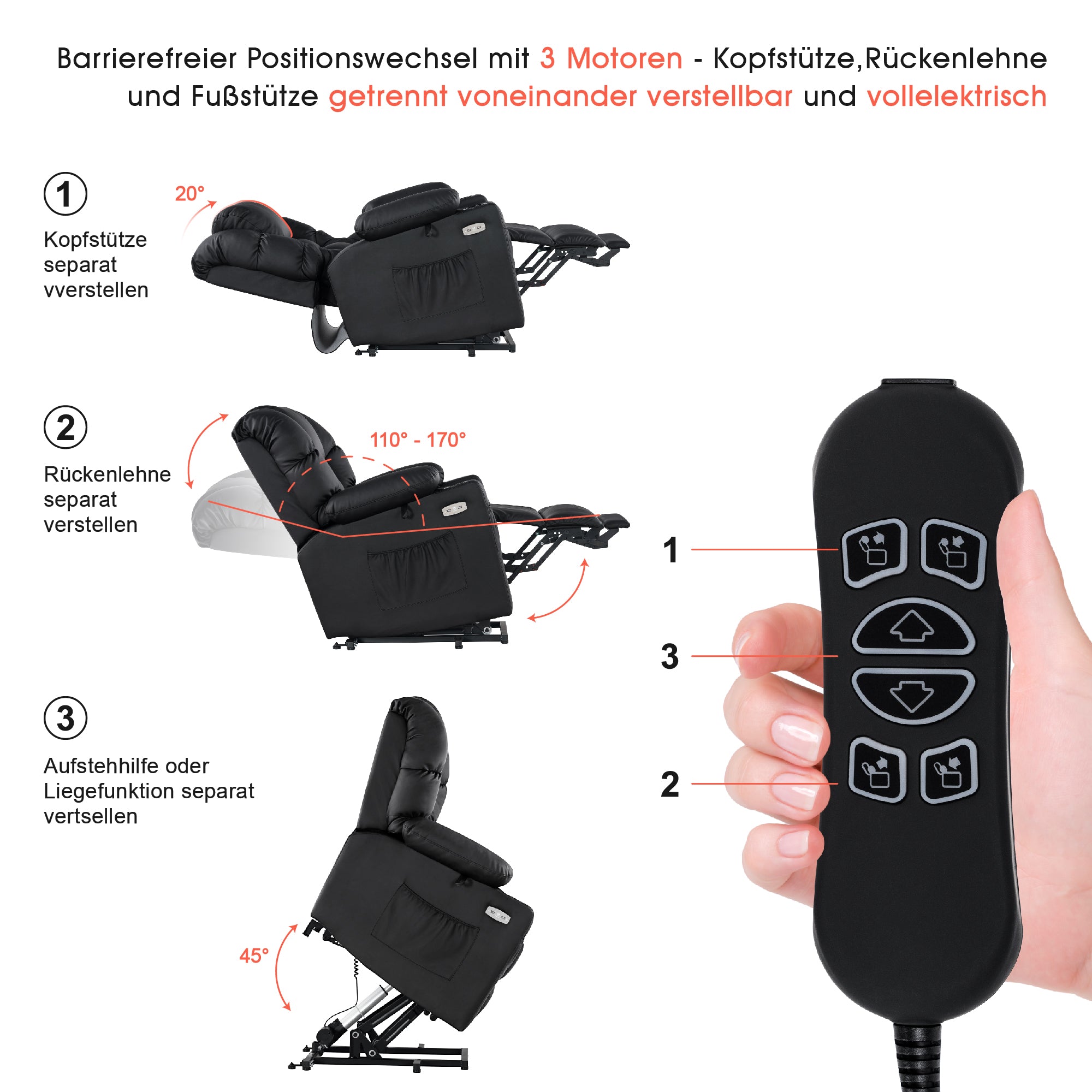 MCombo Poltrona relax elettrica con funzione di sollevamento 7550, dotata di 3 motori a regolazione indipendente, inclinazione fino a 170°, poggiapiedi esteso e porta USB; ideale per il soggiorno di anziani.