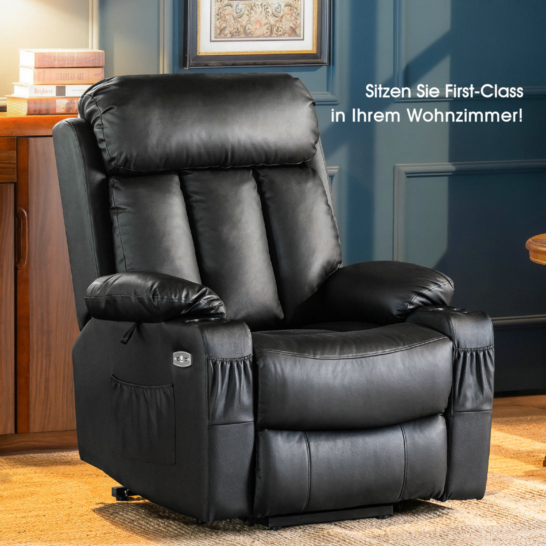 M MCombo Relaxsessel met opstaahulp & ligfunctie 7190, elektrisch verstelbare fauteuil, voor senioren woonkamer, USB, (Zwart-kunstleer / Donkergrijs-stof)