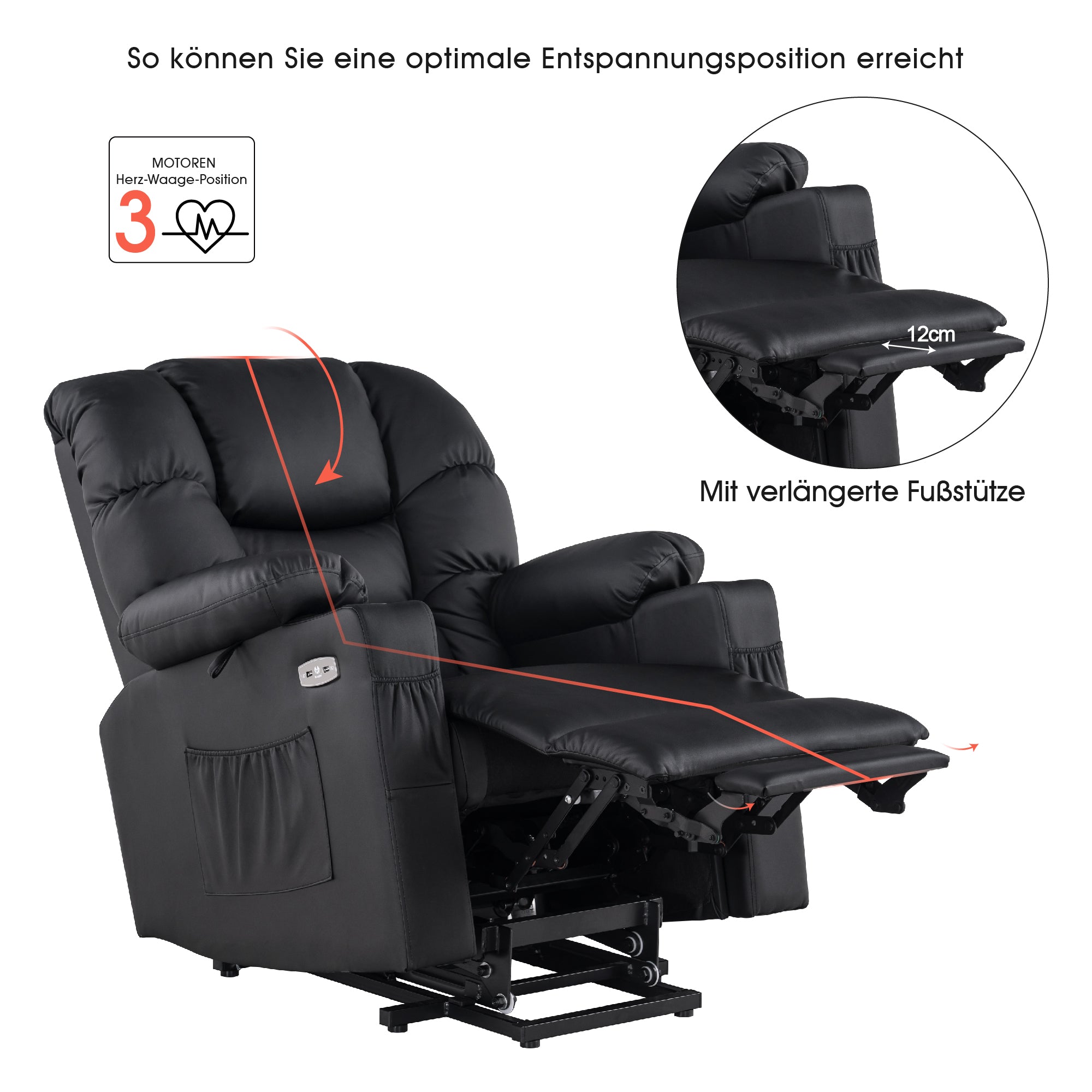 MCombo Poltrona relax elettrica con funzione di sollevamento 7550, dotata di 3 motori a regolazione indipendente, inclinazione fino a 170°, poggiapiedi esteso e porta USB; ideale per il soggiorno di anziani.