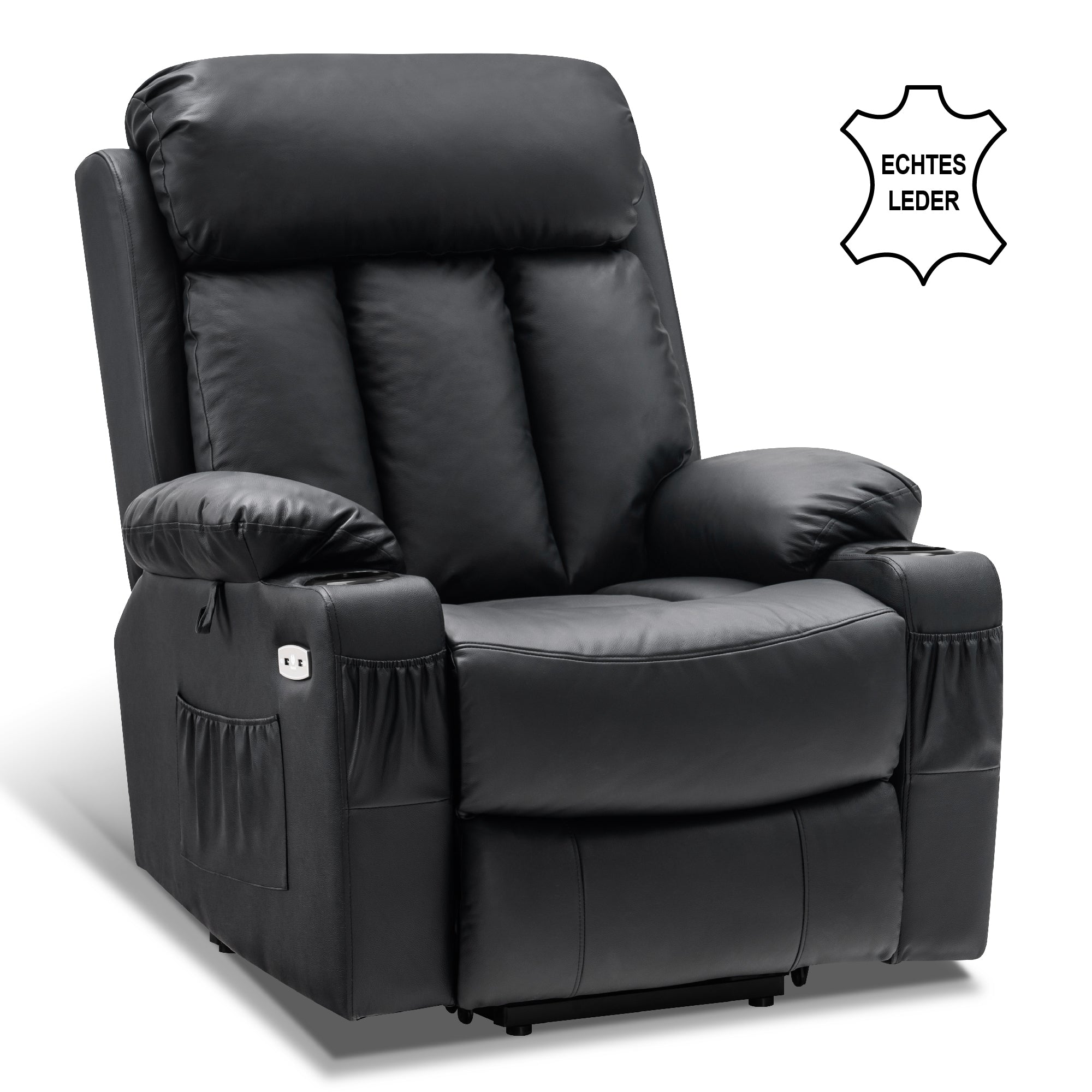 M MCombo Relaxsessel met opstaahulp & ligfunctie 7190, elektrisch verstelbare fauteuil, voor senioren woonkamer, USB, (Zwart-kunstleer / Donkergrijs-stof)