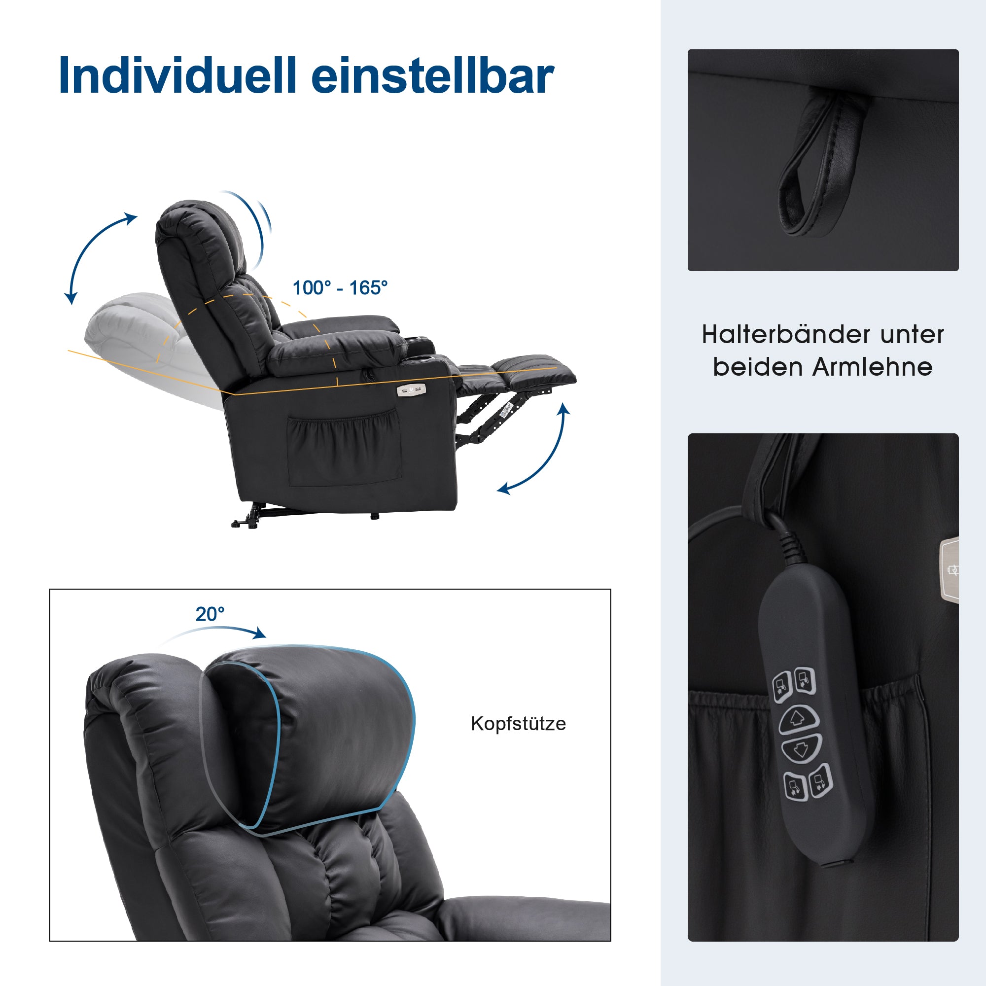 MCombo Poltrona relax elettrica a 3 motori con sistema di sollevamento assistito; schienale, poggiatesta e poggiapiedi regolabili in modo indipendente; inclinazione fino a 165°; cuscino della seduta in schiuma ad alta densità 35D (Modello 7546)