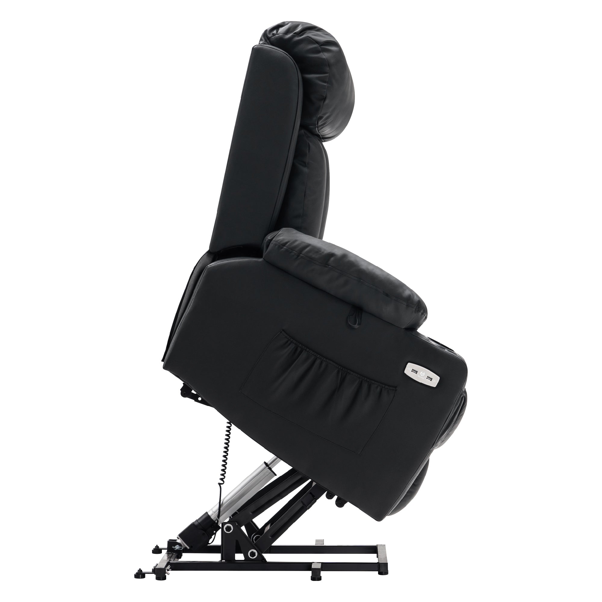 M MCombo Relaxsessel met opstaahulp & ligfunctie 7190, elektrisch verstelbare fauteuil, voor senioren woonkamer, USB, (Zwart-kunstleer / Donkergrijs-stof)